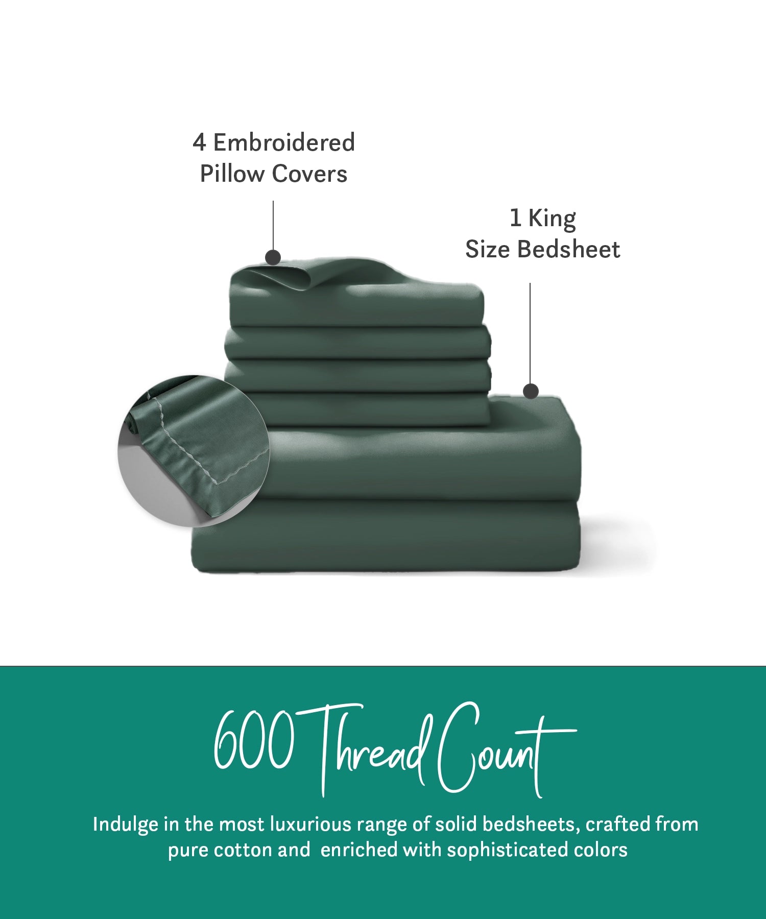 Nectarsoft King Solid Bedsheet Set, Green| 600 TC Cotton| 4 Pillow Covers