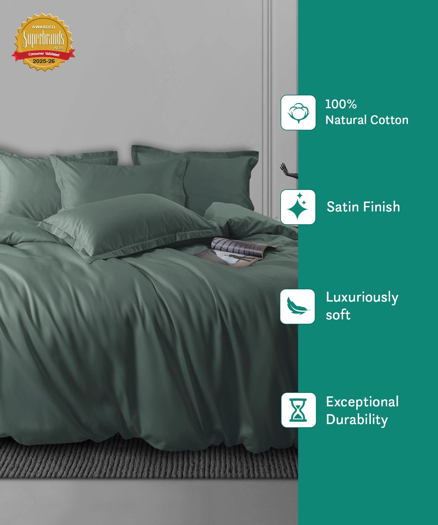 Nectarsoft King Solid Bedsheet Set, Green| 600 TC Cotton| 4 Pillow Covers