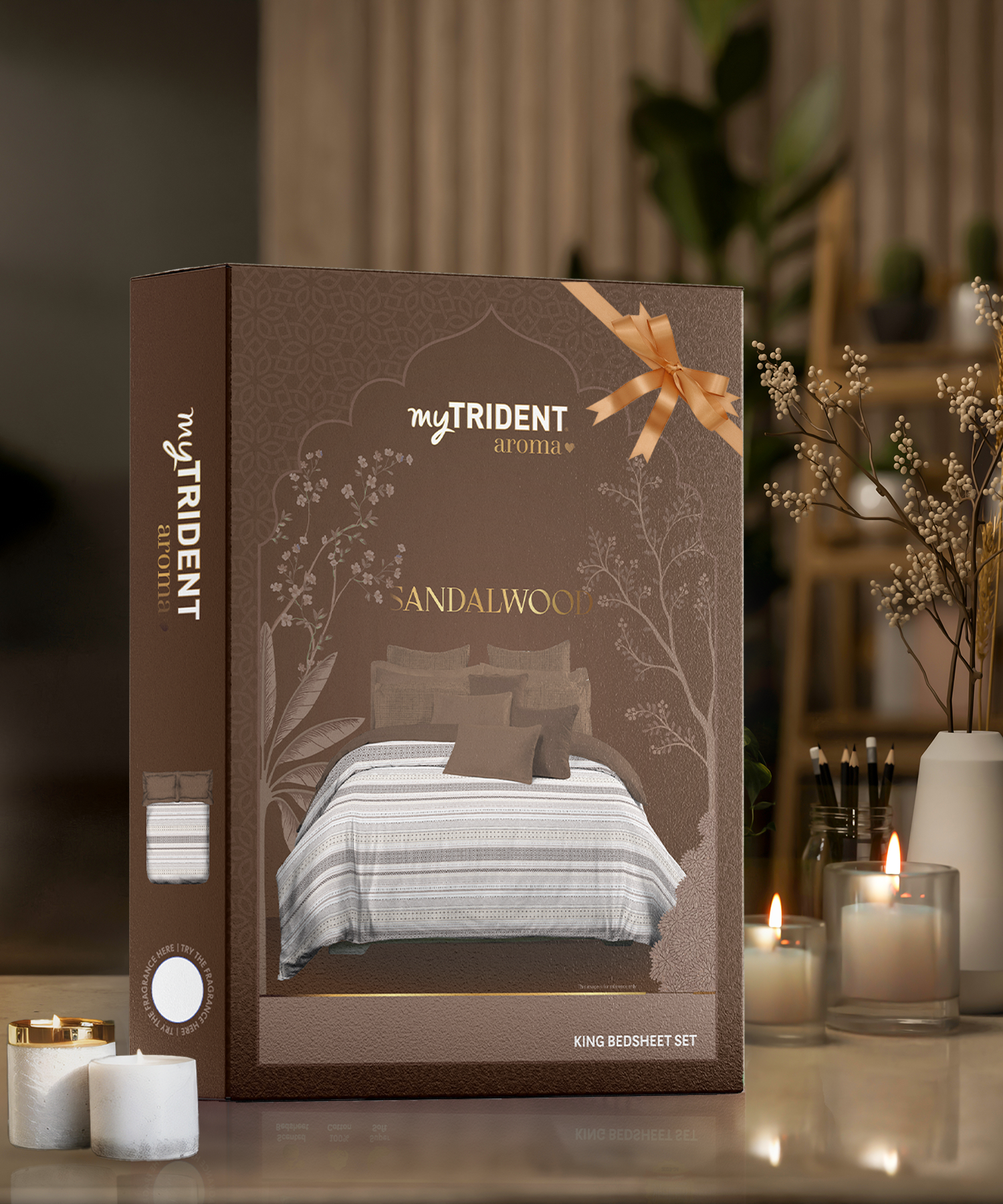 Aroma Sandalwood King Bedsheet With 2 Pillow Cover Gift Set, 144Tc, 100% Cotton, Abstract, Brown