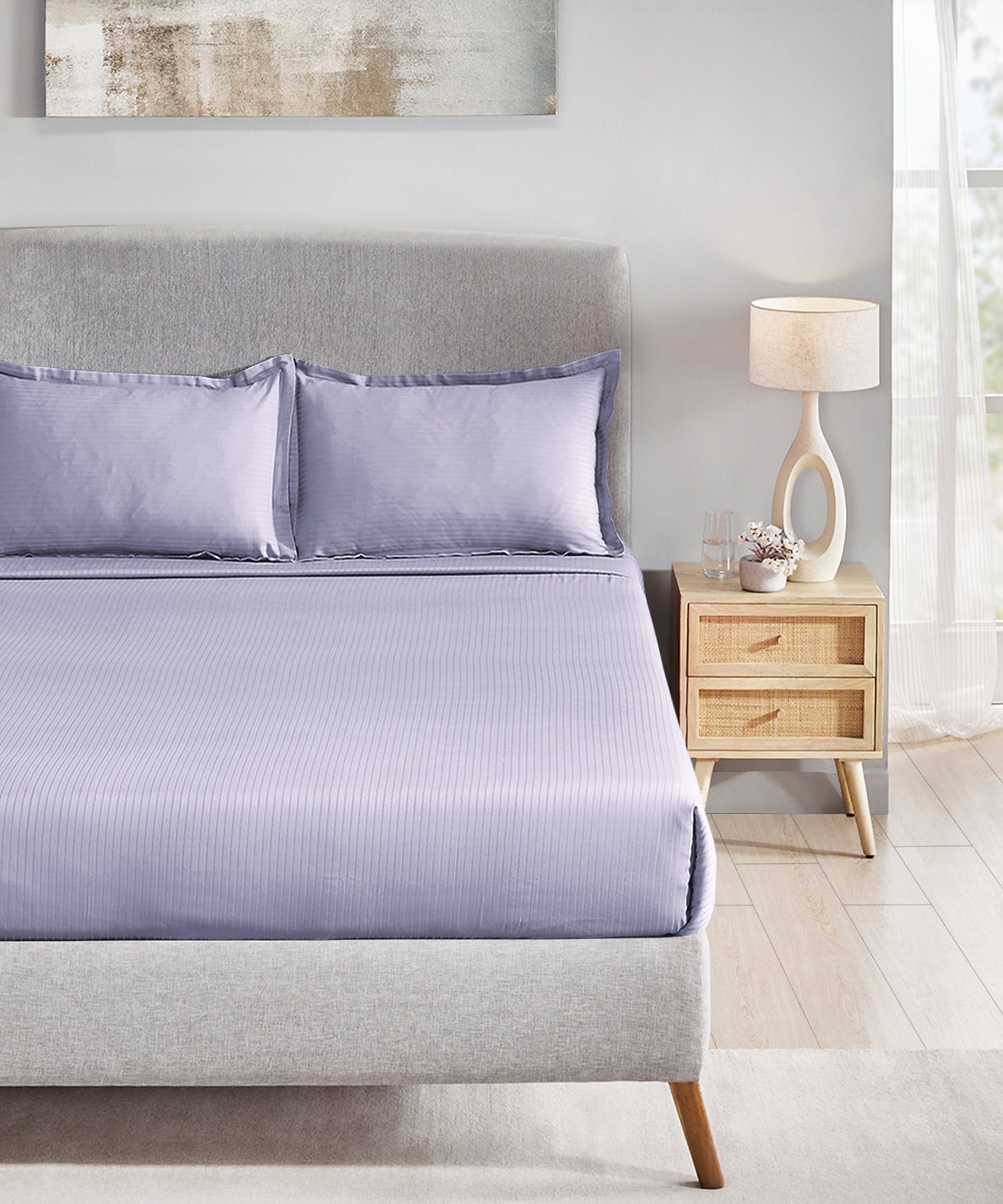 Classic Stripe Solid Dyed King Bedsheet , 210TC, Amethyst