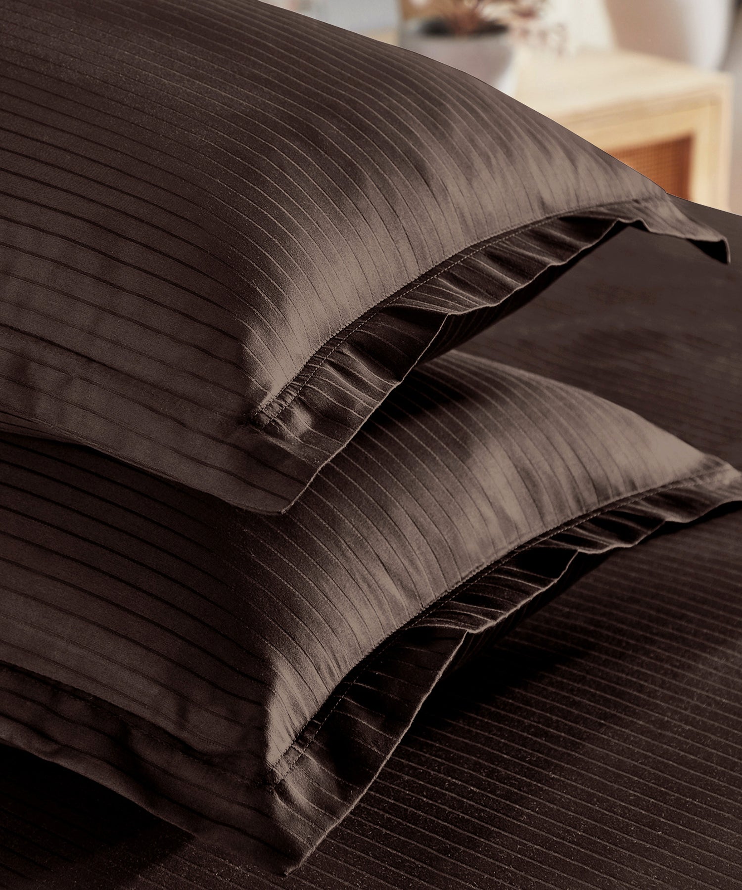 Classic Stripe Solid King Bedsheet Set, Brown Syrup|210 TC Cotton| 2 Pillow Covers