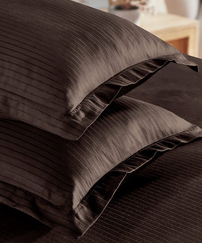 Classic Stripe Solid King Bedsheet Set, Brown Syrup|210 TC Cotton| 2 Pillow Covers