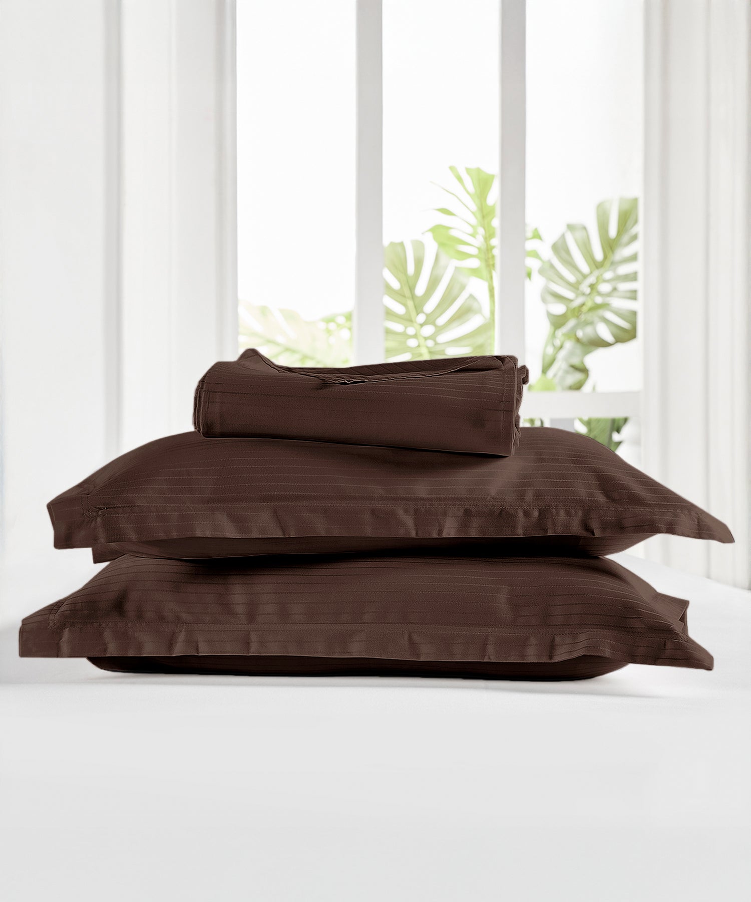 Classic Stripe Solid King Bedsheet Set, Brown Syrup|210 TC Cotton| 2 Pillow Covers