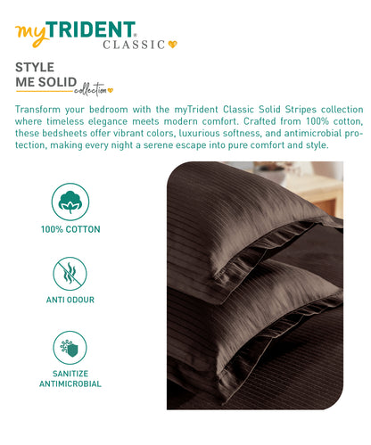 Classic Stripe Solid King Bedsheet Set, Brown Syrup|210 TC Cotton| 2 Pillow Covers