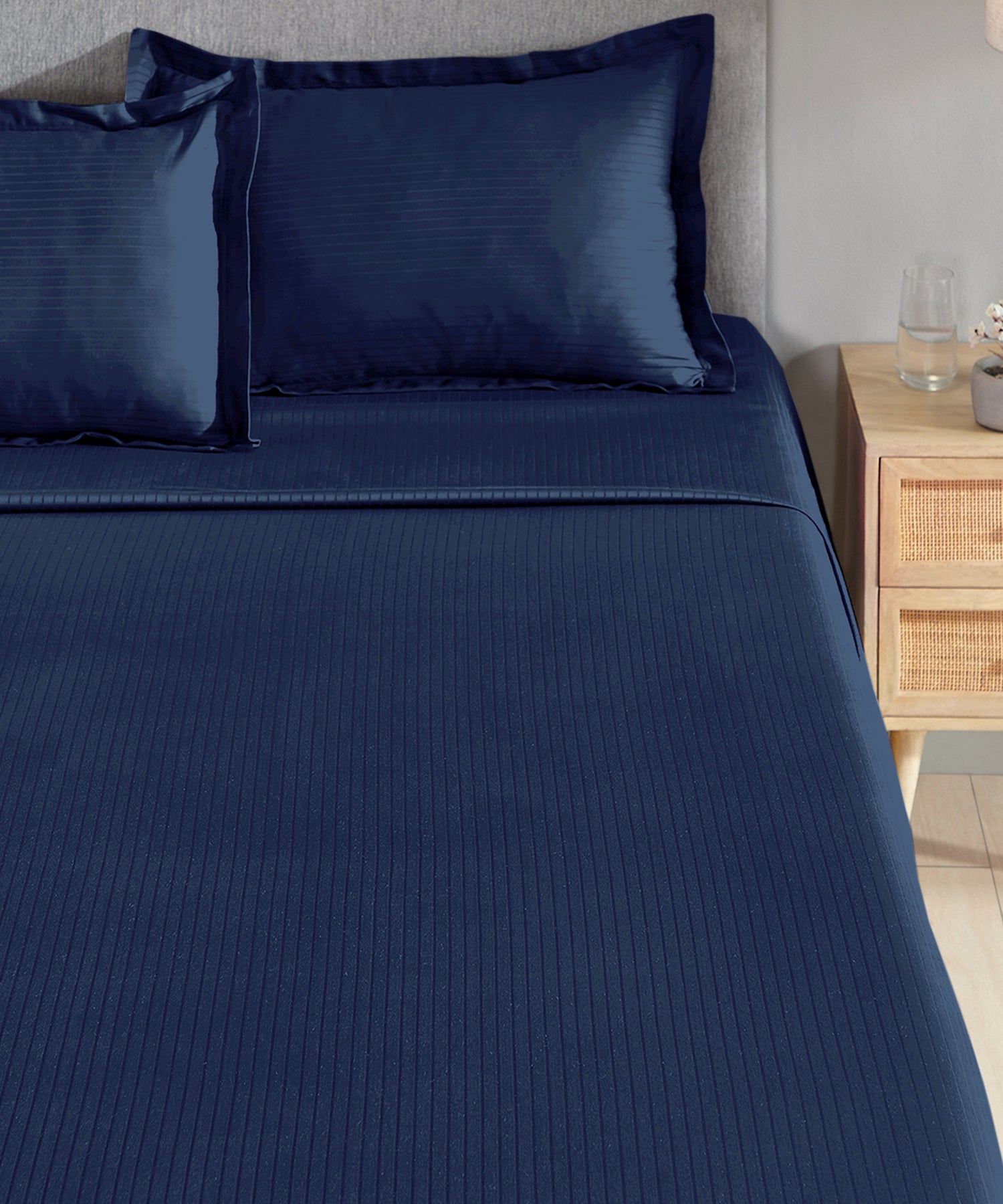 Classic Stripe Solid King Bedsheet Set, Iron Blue|210 TC Cotton| 2 Pillow Covers