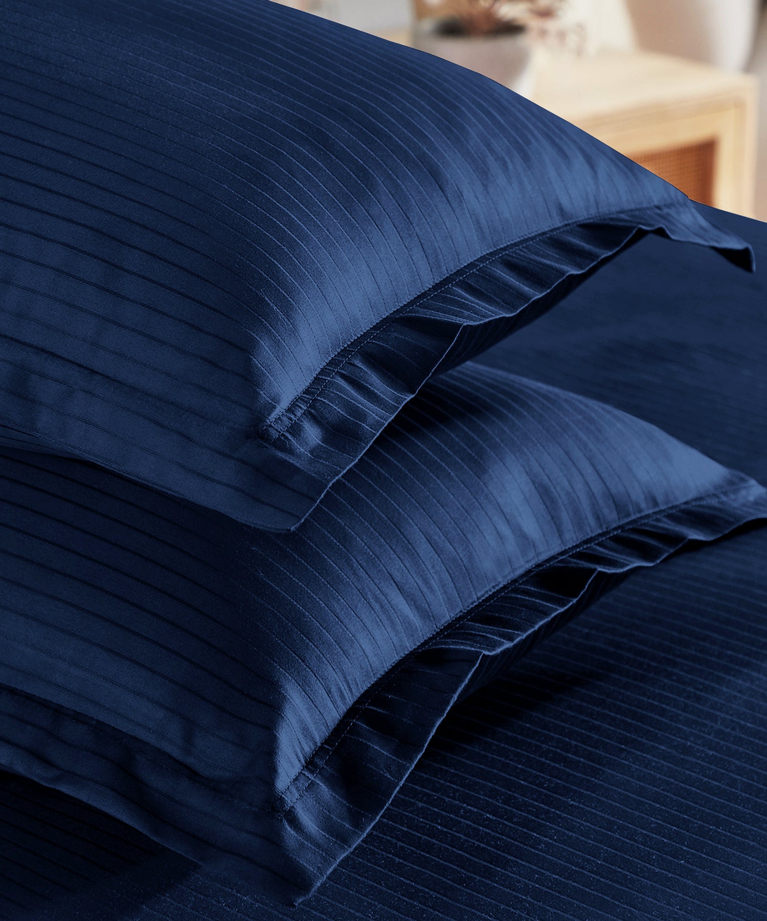 Classic Stripe Solid King Bedsheet Set, Iron Blue|210 TC Cotton| 2 Pillow Covers
