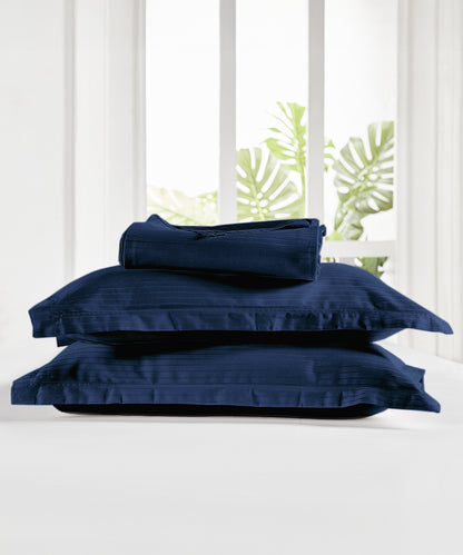 Classic Stripe Solid King Bedsheet Set, Iron Blue|210 TC Cotton| 2 Pillow Covers