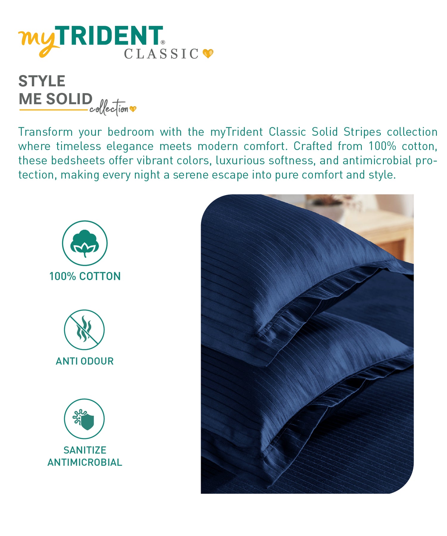 Classic Stripe Solid King Bedsheet Set, Iron Blue|210 TC Cotton| 2 Pillow Covers