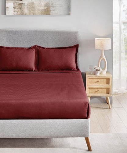 Classic Stripe Solid King Bedsheet Set, Ruby Maroon|210 TC Cotton| 2 Pillow Covers