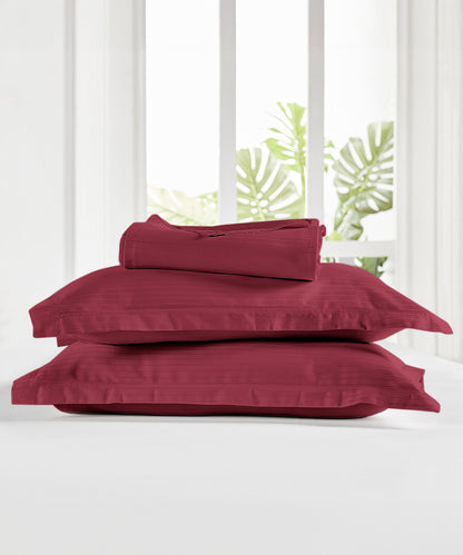 Classic Stripe Solid King Bedsheet Set, Ruby Maroon|210 TC Cotton| 2 Pillow Covers