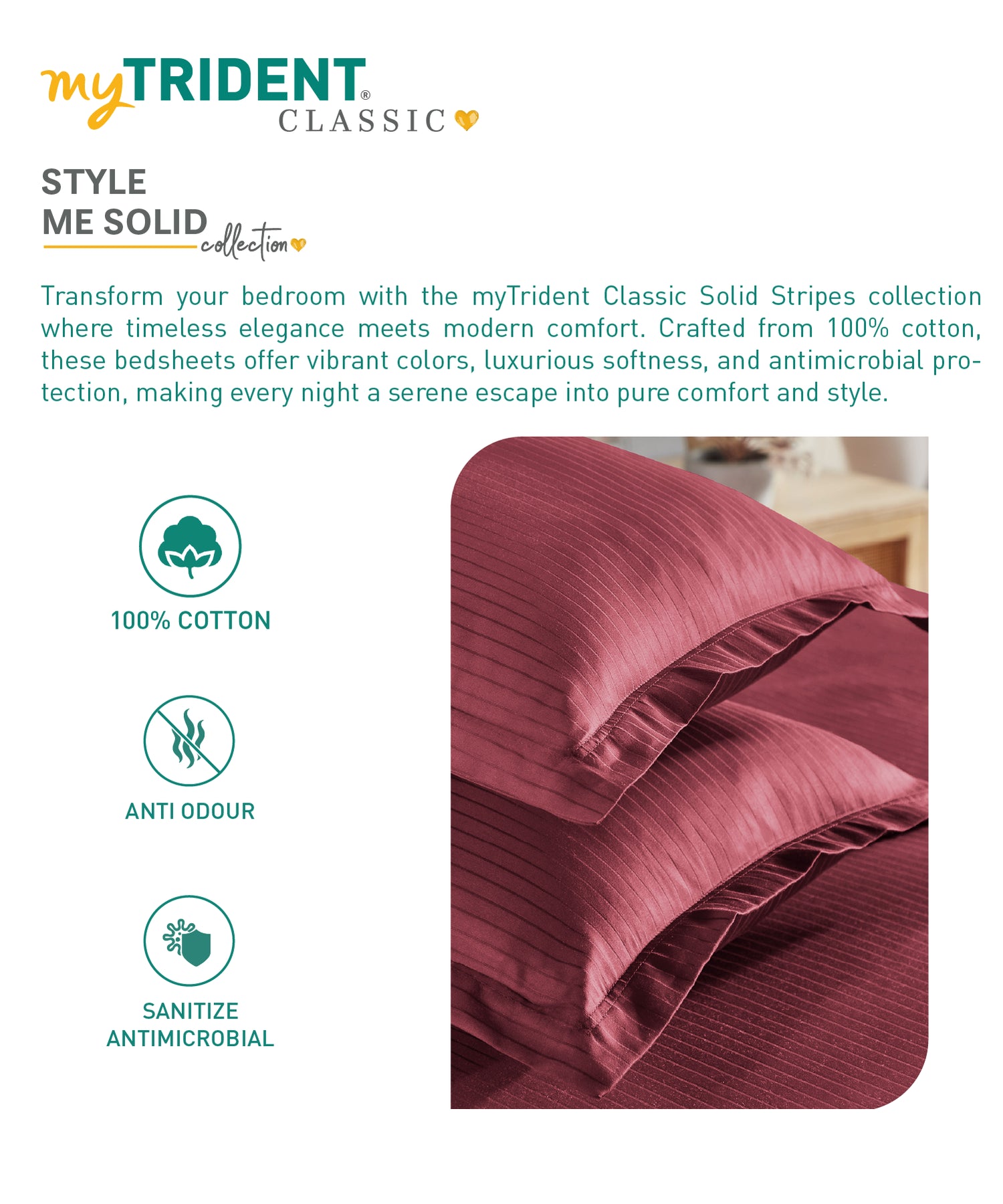 Classic Stripe Solid King Bedsheet Set, Ruby Maroon|210 TC Cotton| 2 Pillow Covers