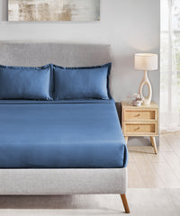 Classic Stripe Solid King Bedsheet Set, Air Force|210 TC Cotton| 2 Pillow Covers
