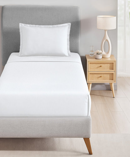 Classic Stripe Solid Dyed Single Bedsheet Set, White|210 TC Cotton|1 Pillow Cover