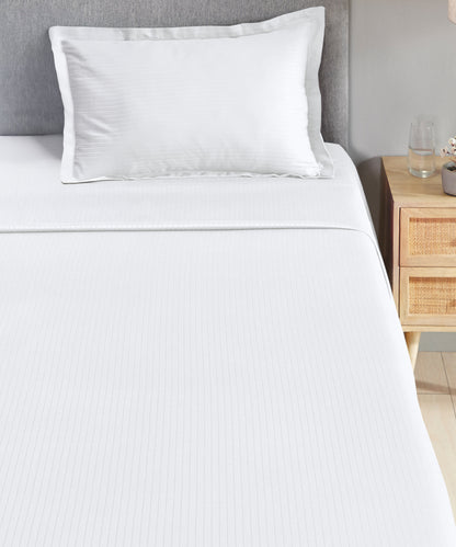 Classic Stripe Solid Dyed Single Bedsheet Set, White|210 TC Cotton|1 Pillow Cover