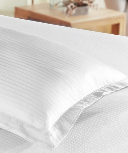 Classic Stripe Solid Dyed Single Bedsheet Set, White|210 TC Cotton|1 Pillow Cover