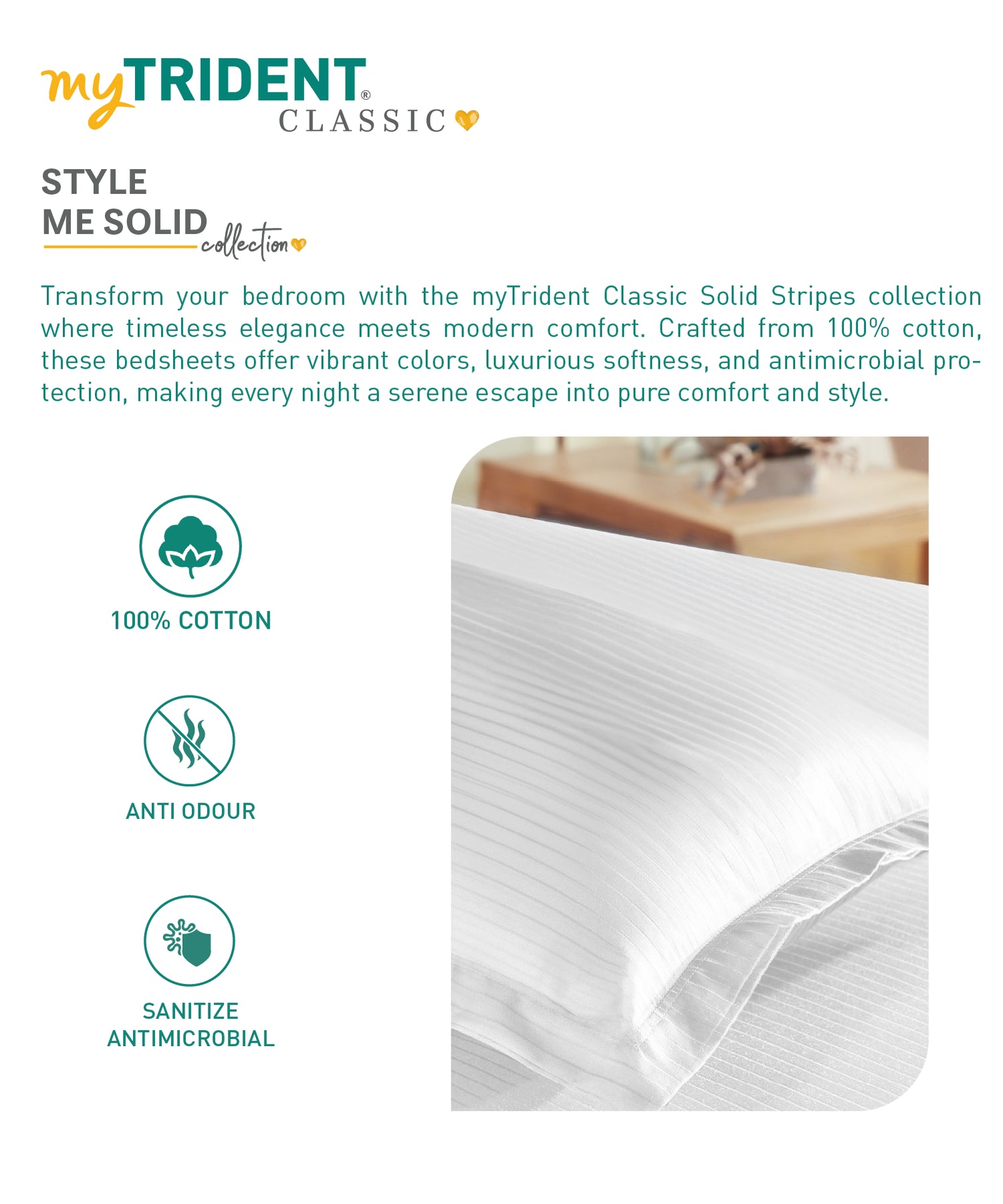 Classic Stripe Solid Dyed Single Bedsheet Set, White|210 TC Cotton|1 Pillow Cover