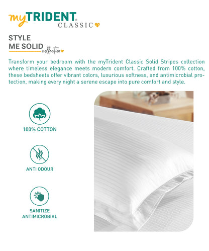 Classic Stripe Solid Dyed Single Bedsheet Set, White|210 TC Cotton|1 Pillow Cover