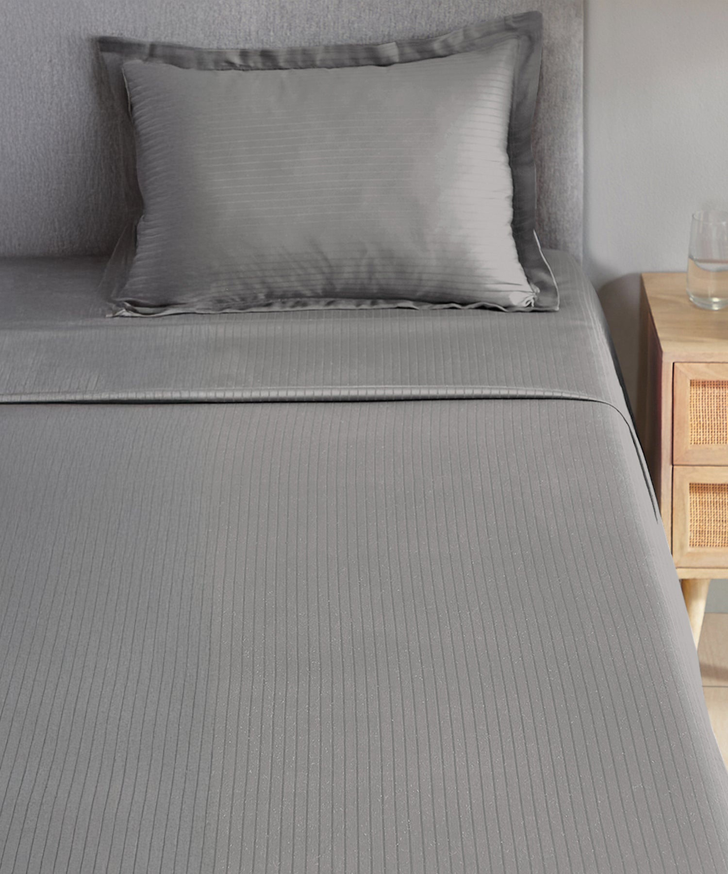 Classic Stripe Solid Dyed Single Bedsheet Set, Frost Grey|210 TC Cotton|1 Pillow Cover