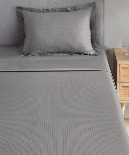 Classic Stripe Solid Dyed Single Bedsheet Set, Frost Grey|210 TC Cotton|1 Pillow Cover
