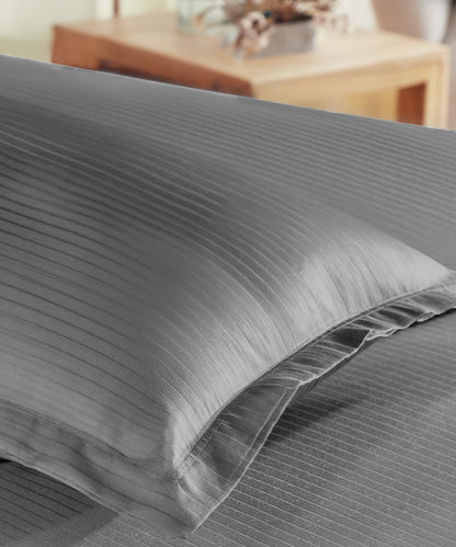 Classic Stripe Solid Dyed Single Bedsheet Set, Frost Grey|210 TC Cotton|1 Pillow Cover