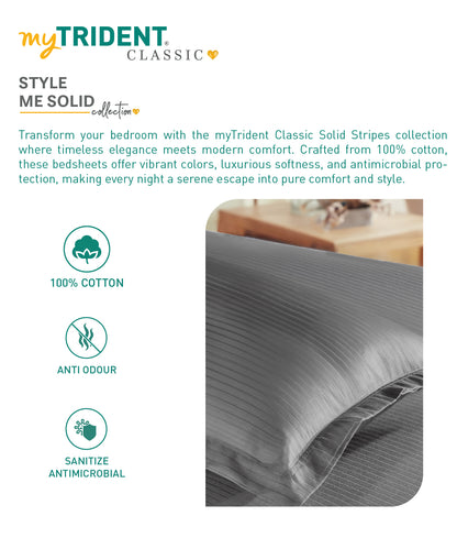 Classic Stripe Solid Dyed Single Bedsheet Set, Frost Grey|210 TC Cotton|1 Pillow Cover