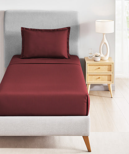 Classic Stripe Solid Dyed Single Bedsheet Set, Ruby Maroon|210 TC Cotton|1 Pillow Cover