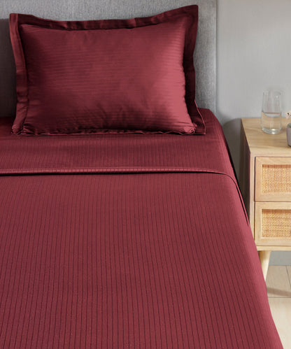 Classic Stripe Solid Dyed Single Bedsheet Set, Ruby Maroon|210 TC Cotton|1 Pillow Cover