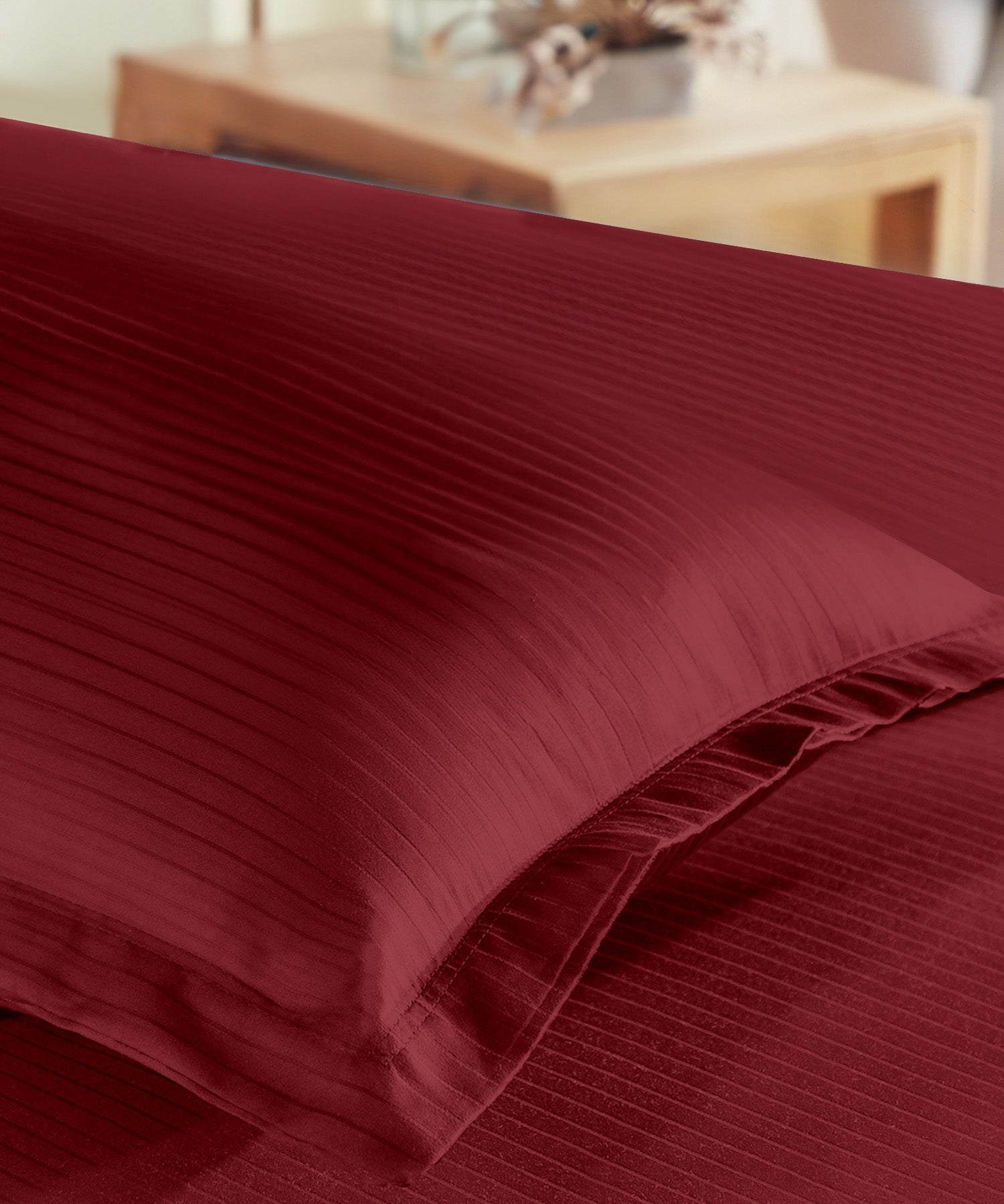 Classic Stripe Solid Dyed Single Bedsheet Set, Ruby Maroon|210 TC Cotton|1 Pillow Cover