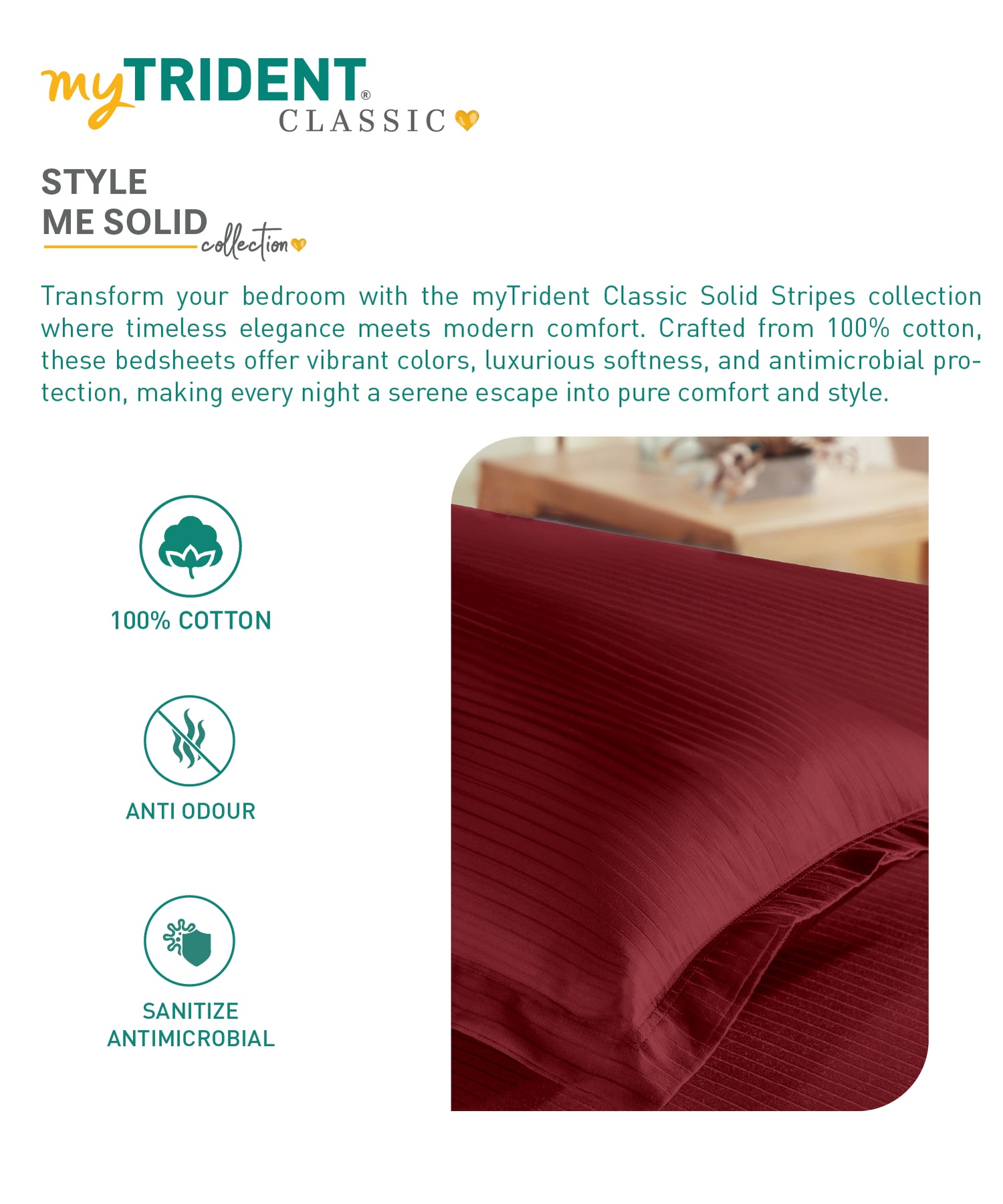 Classic Stripe Solid Dyed Single Bedsheet Set, Ruby Maroon|210 TC Cotton|1 Pillow Cover