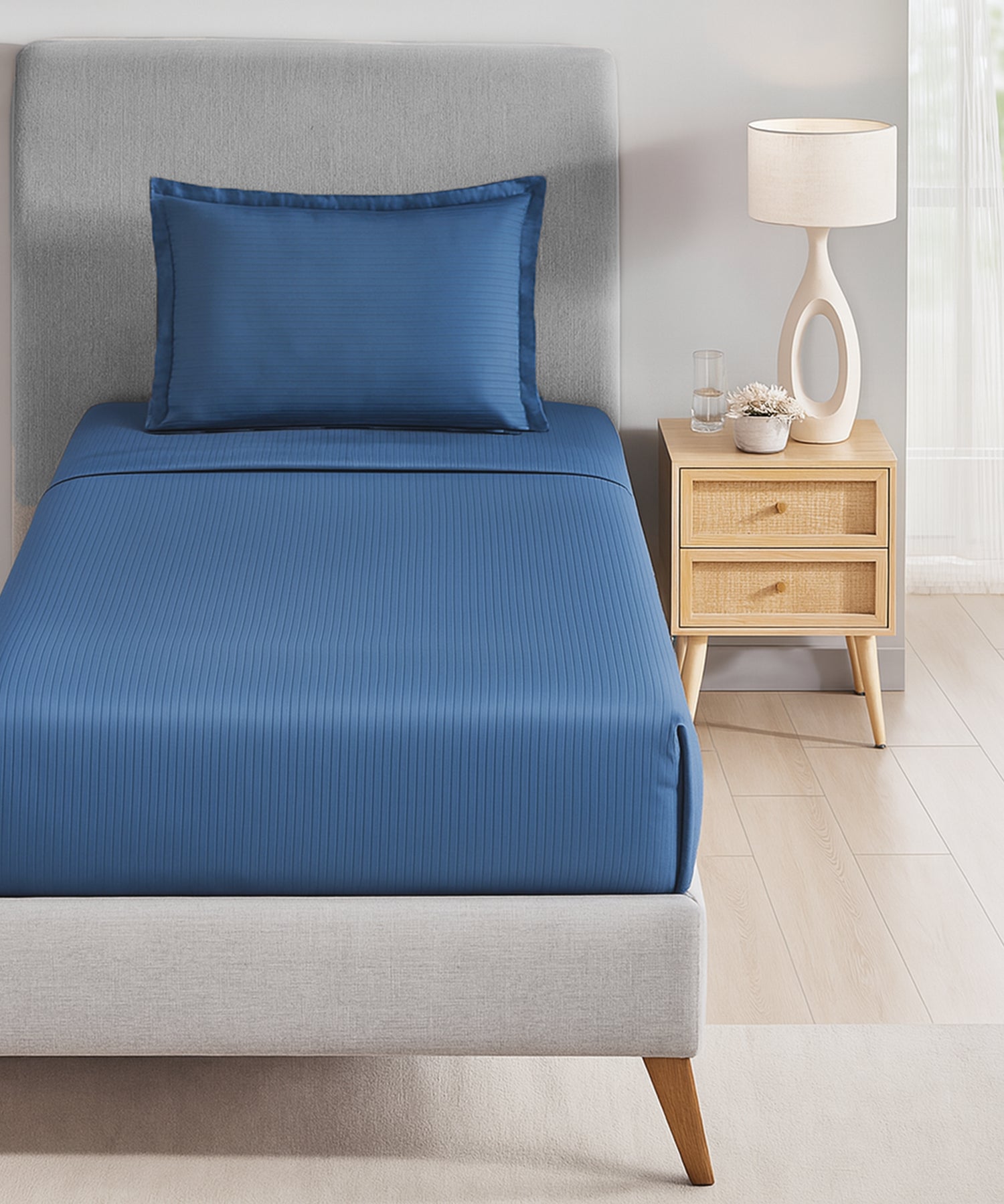 Classic Stripe Solid Single Bedsheet Set, Air Force|210 TC| 1 Pillow Covers