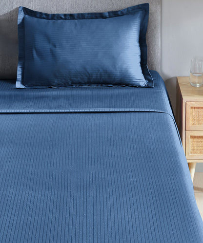 Classic Stripe Solid Single Bedsheet Set, Air Force|210 TC| 1 Pillow Covers