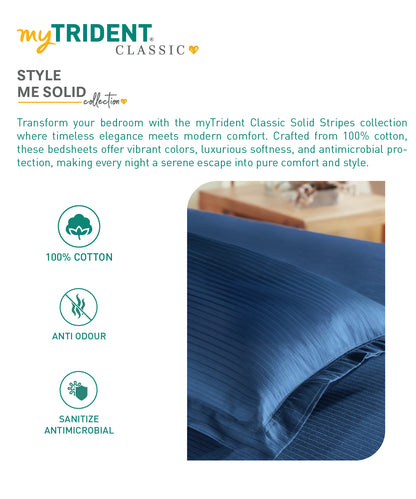 Classic Stripe Solid Single Bedsheet Set, Air Force|210 TC| 1 Pillow Covers