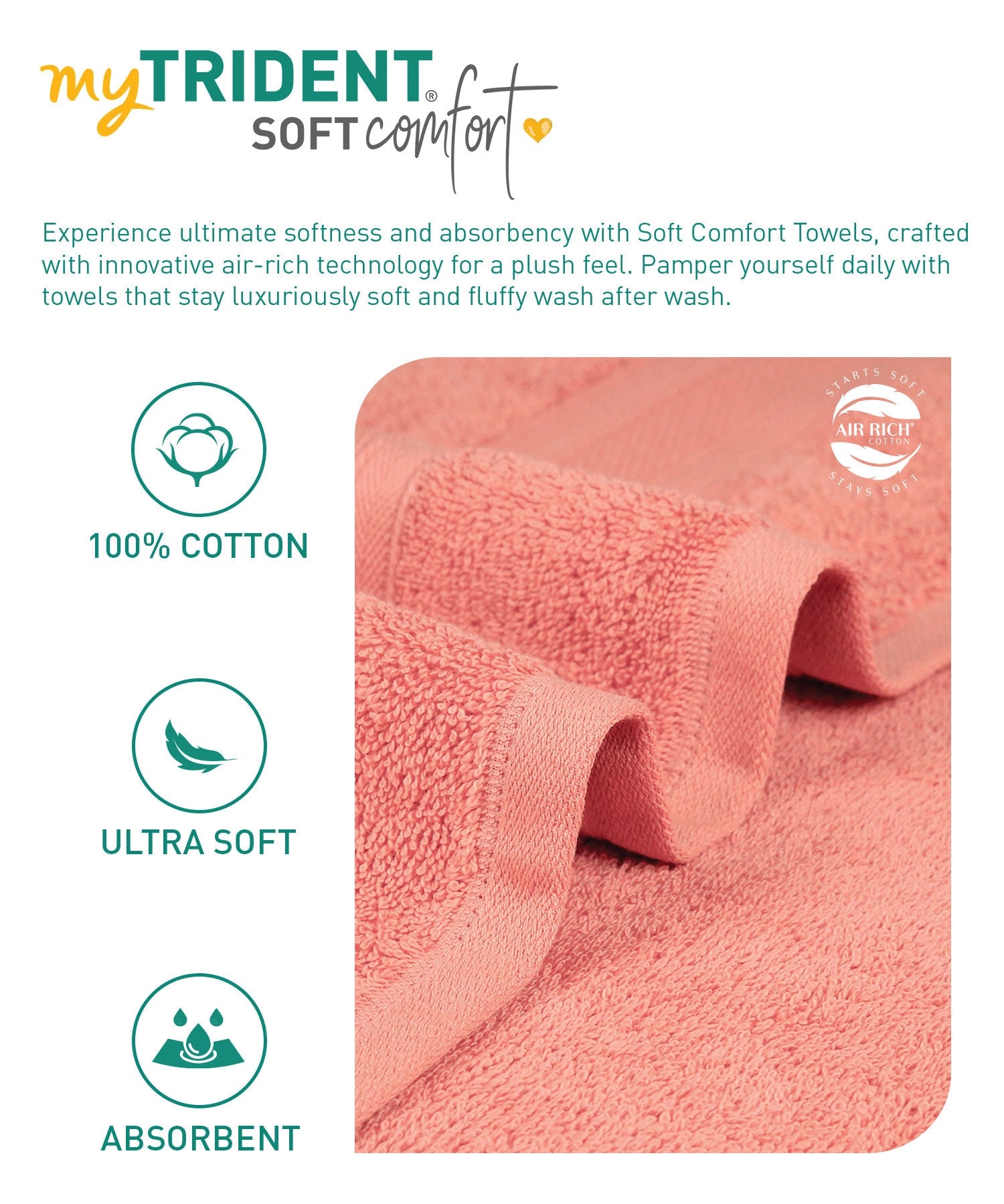 Soft Comfort Coral Air Rich Technology Bath Towel, 100% Cotton, 509 GSM, Coral