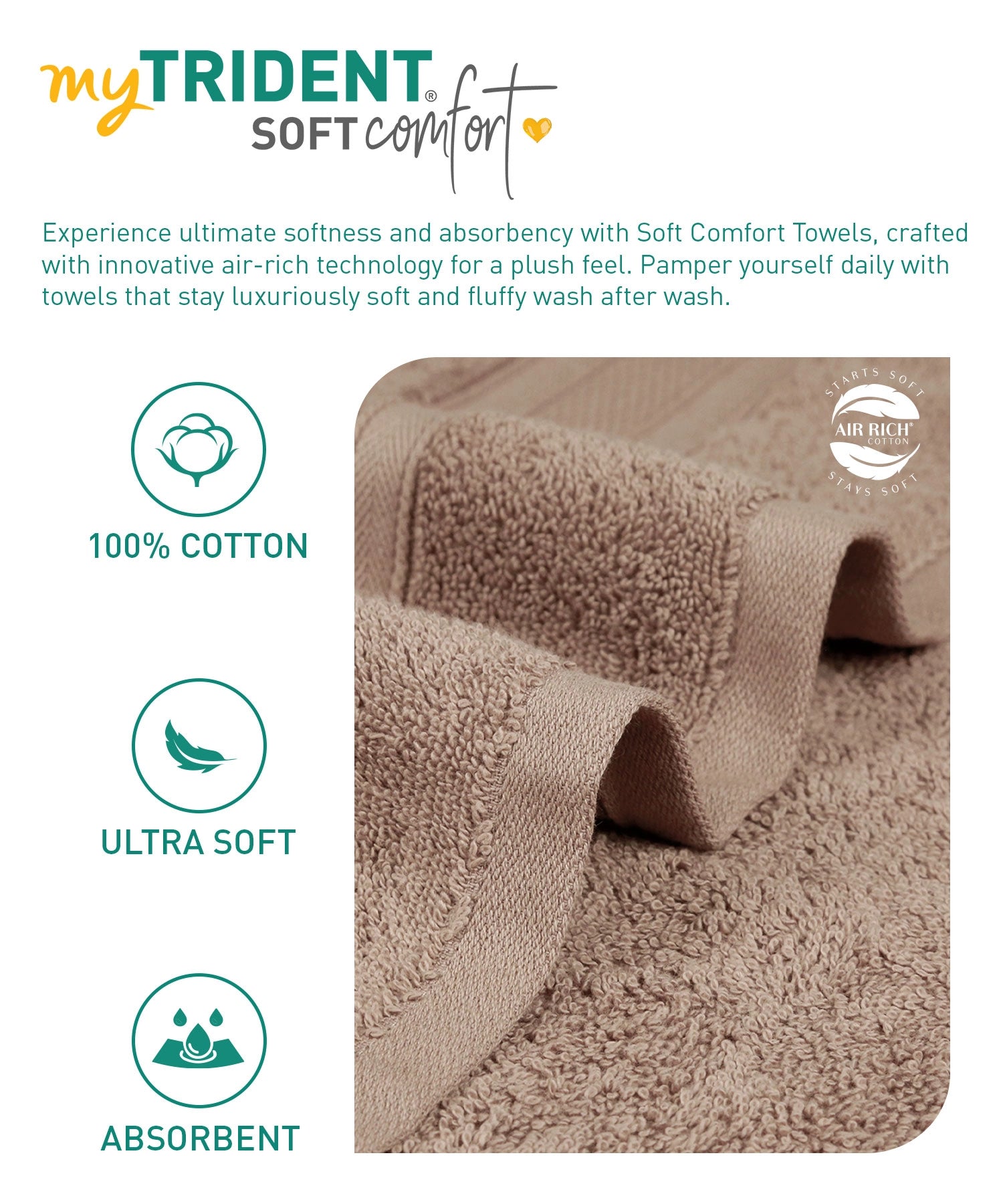 Soft Comfort Acorn Air Rich Technology 4Pc Hand Towel, 100% Cotton, 509 GSM, Brown