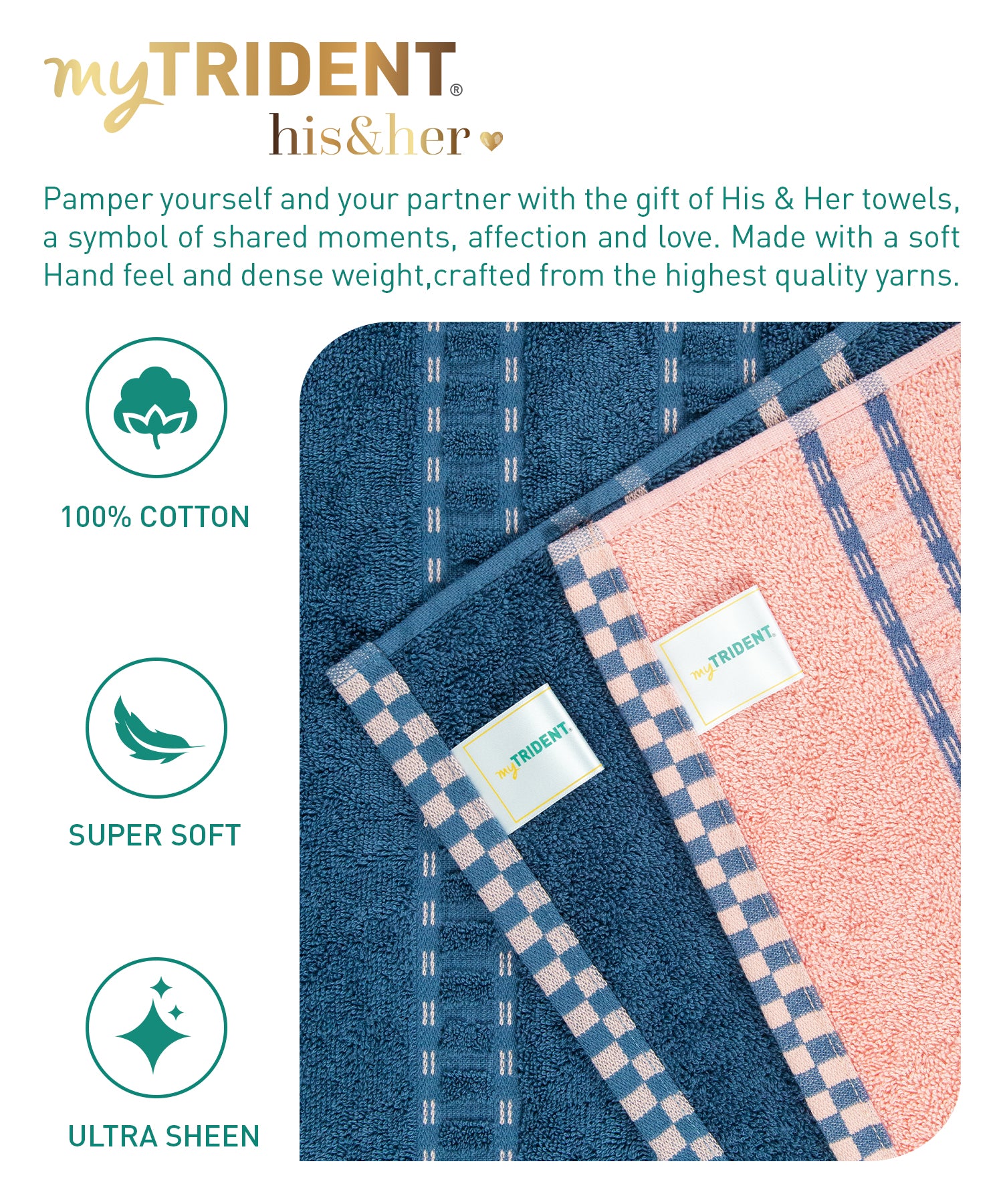 His & Her 2 PC Towel Set, 100% Cotton, 500 GSM, Durable, Super Soft, Candy & Floss