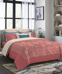 Indulgence Painterly Pattern King Bedsheet Set, Valencia|300 TC Cotton| 4 Pillow Covers