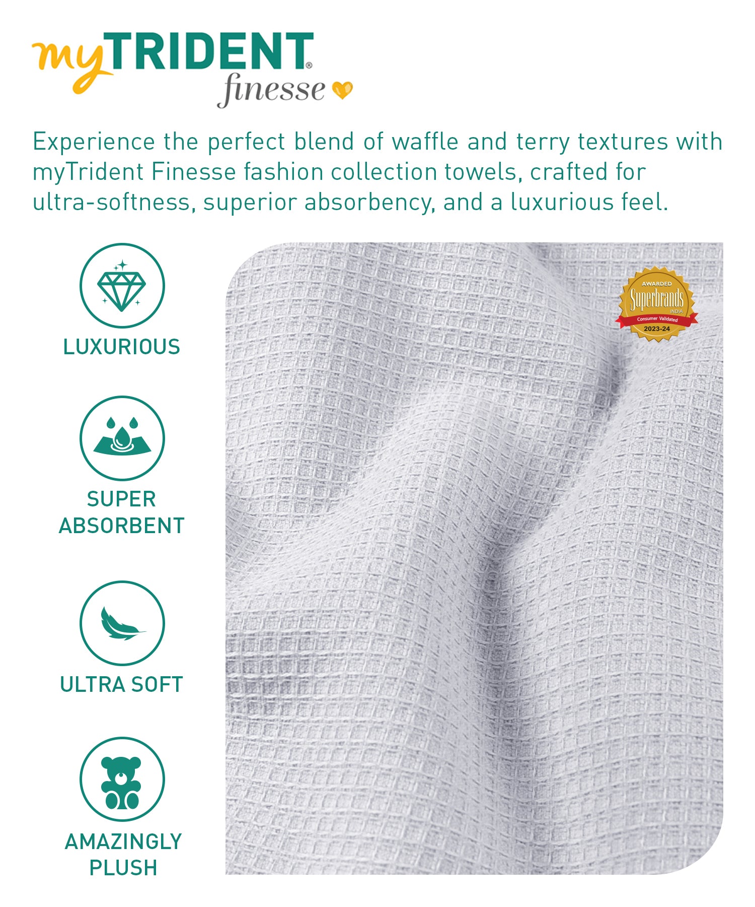 Finesse Fashion Waffle Towel , 600 Gsm, Cotton Rich, Bath Towel, High Rise