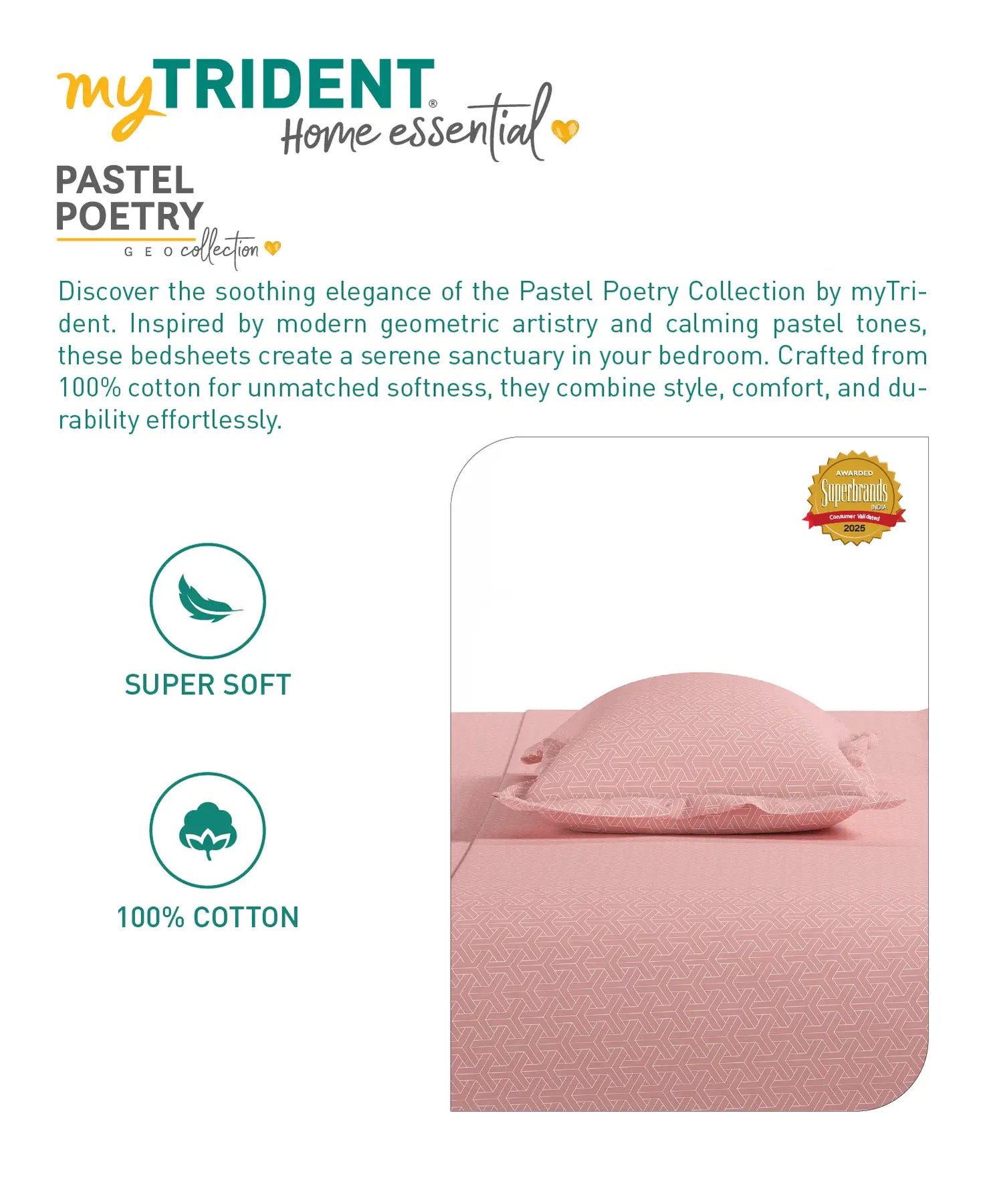Home Essential Pastel Poetry Geo Bedsheet, Maison Peony|144TC Cotton| 2 Pillow Covers