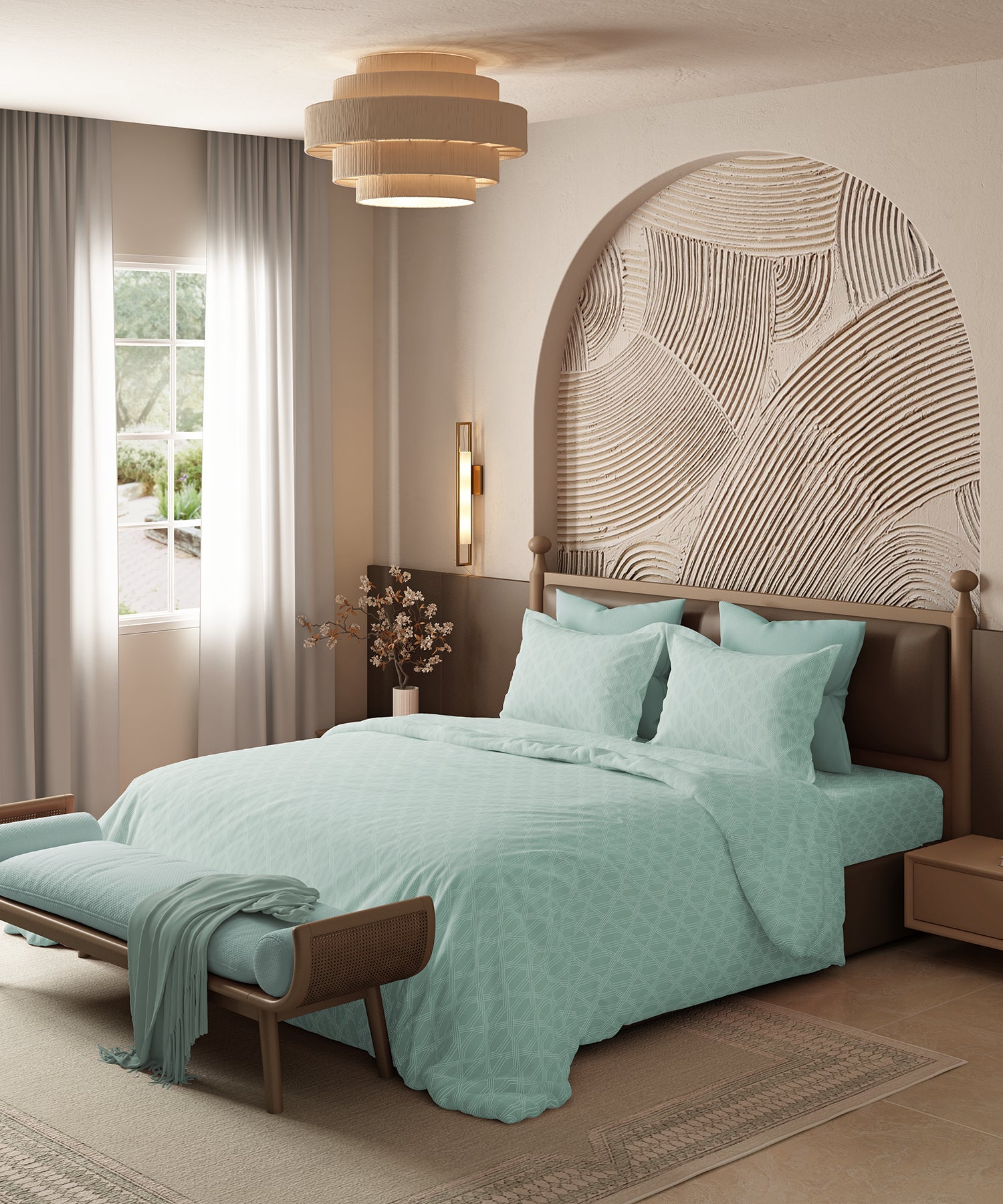 Home Essential Pastel Poetry Geo Bedsheet, Aldo Tiffany|144TC Cotton| 2 Pillow Covers