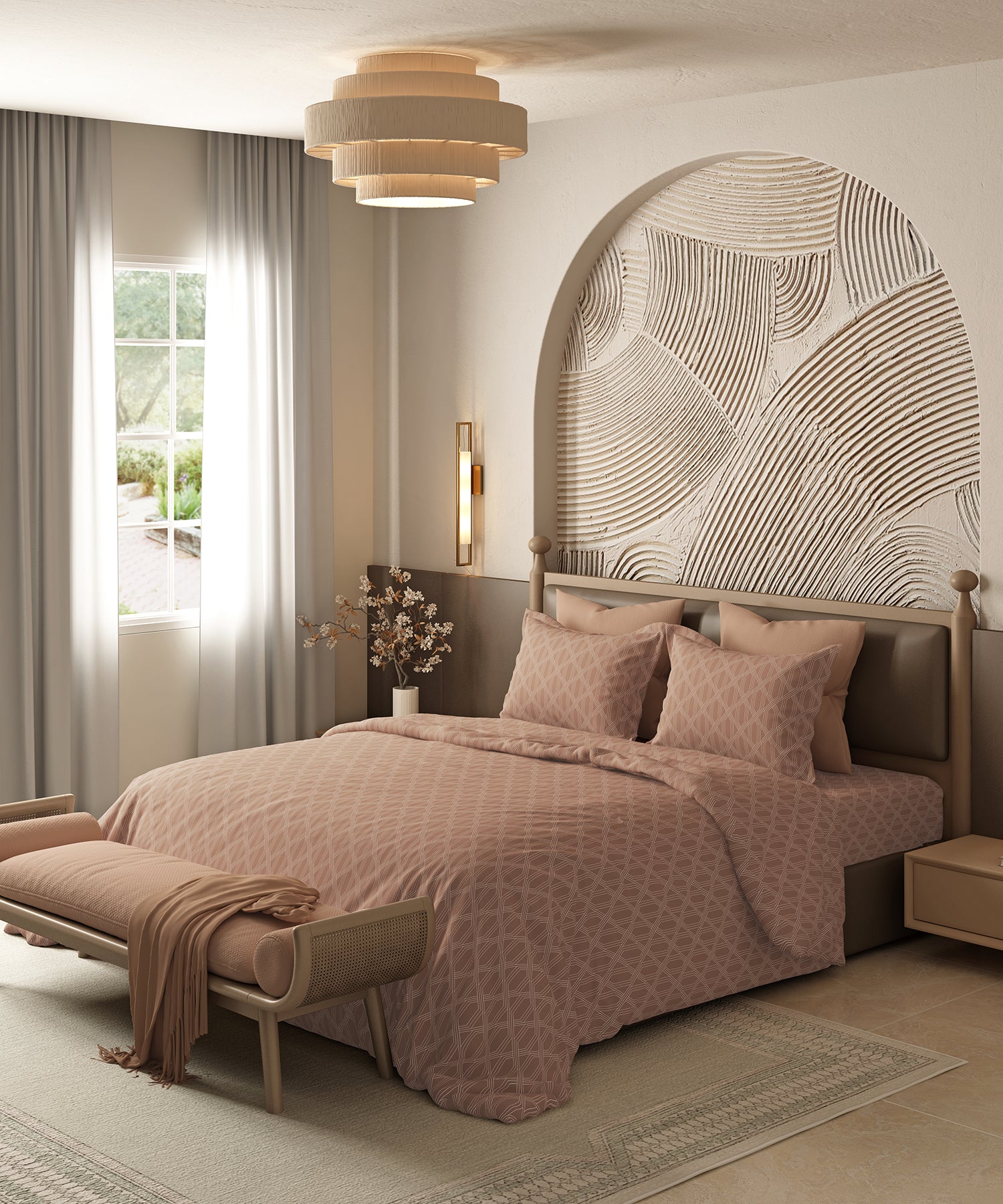 Home Essential Pastel Poetry Geo Bedsheet, Aldo Gingerbread|144TC Cotton| 2 Pillow Covers