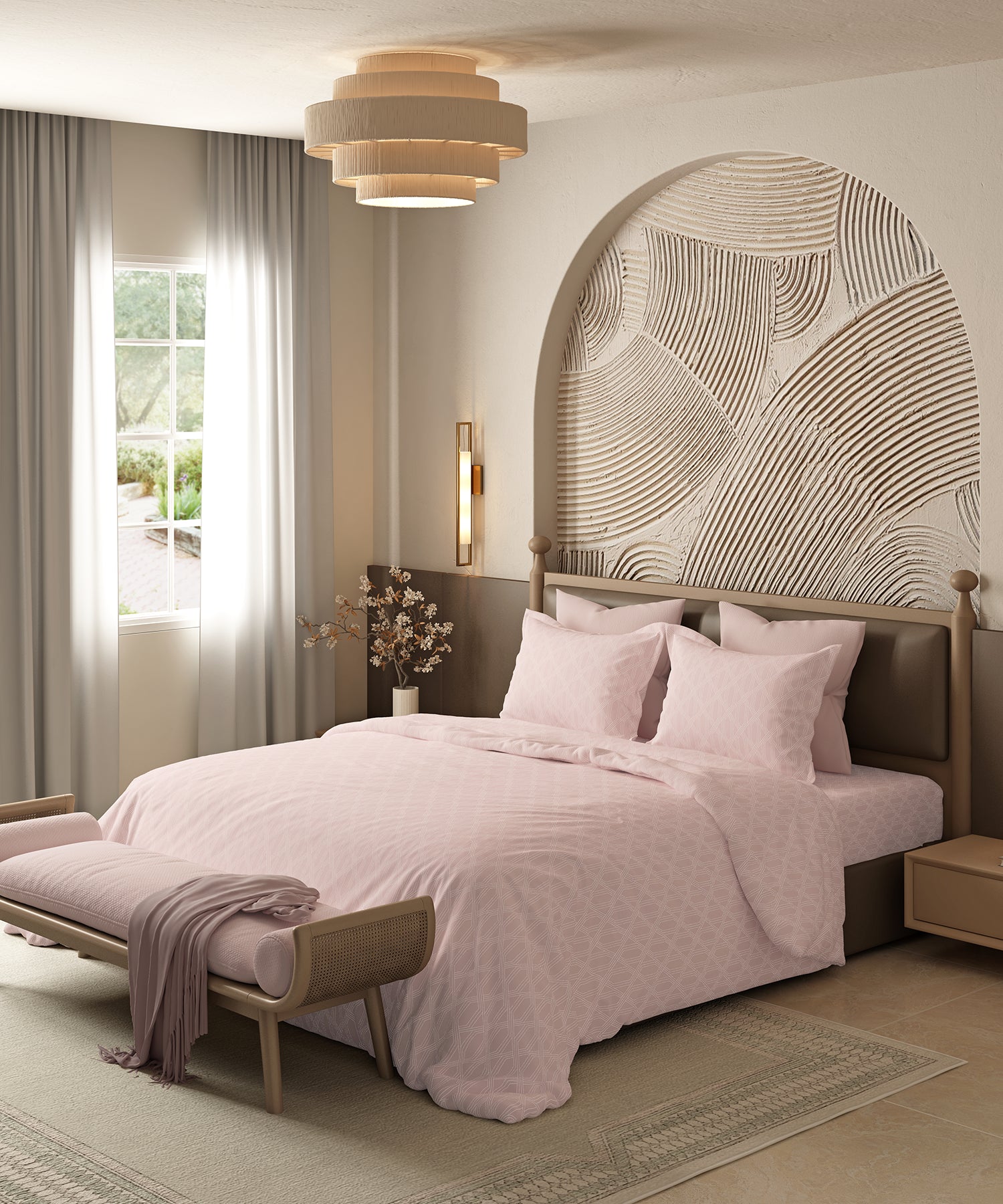 Home Essential Pastel Poetry Geo Bedsheet, Aldo Blush|144TC Cotton| 2 Pillow Covers