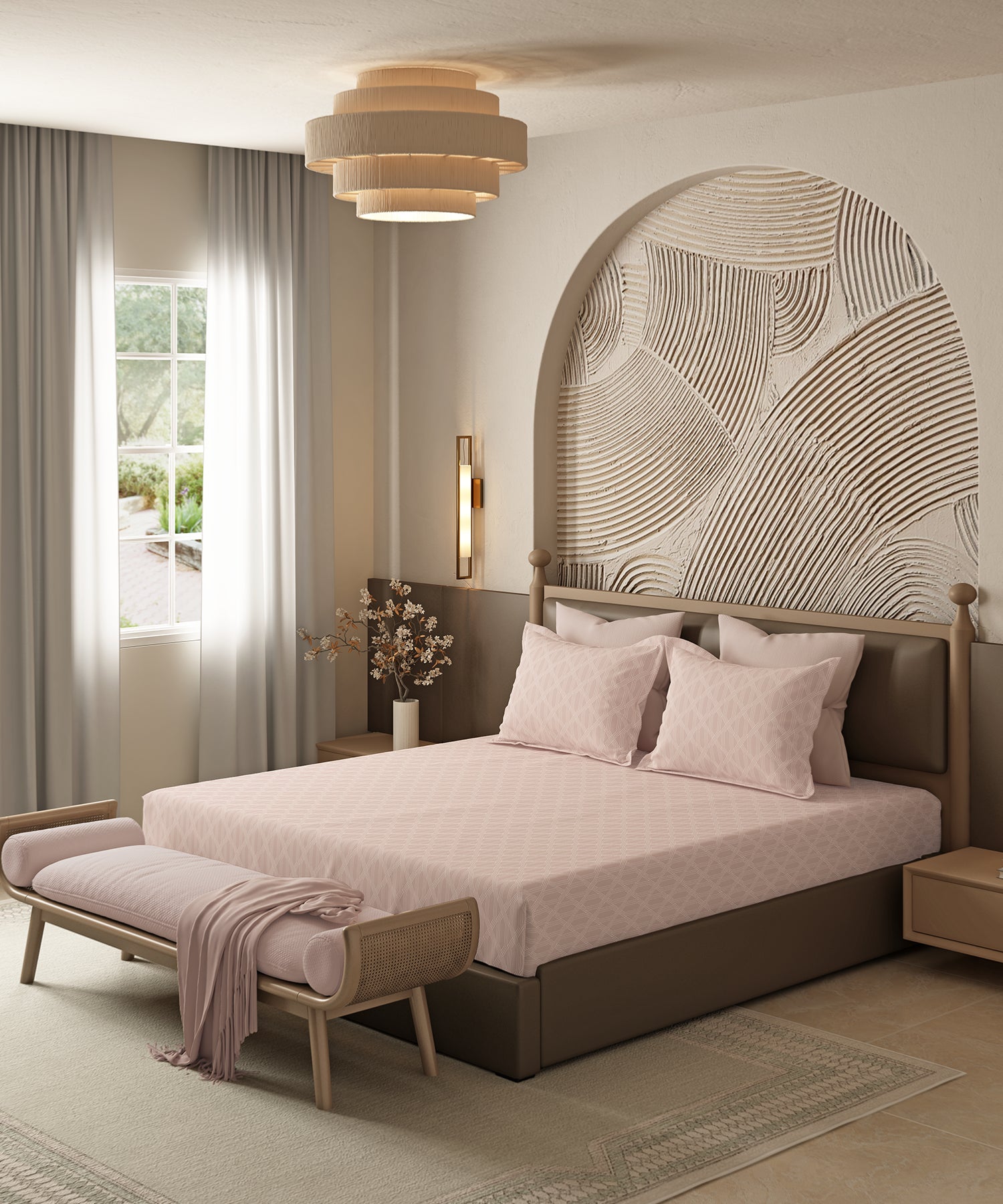 Home Essential Pastel Poetry Geo Bedsheet, Aldo Blush|144TC Cotton| 2 Pillow Covers