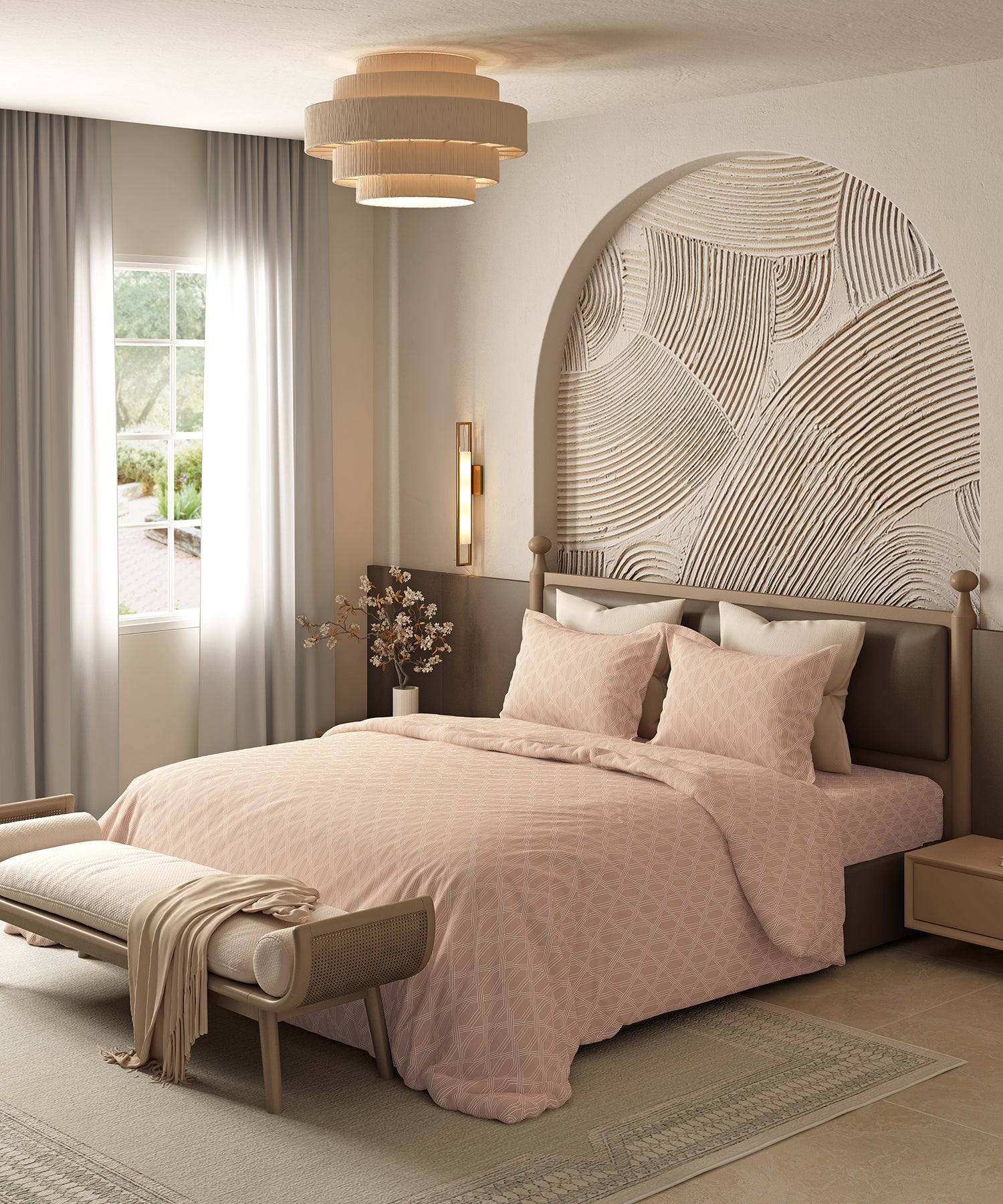 Home Essential Pastel Poetry Geo Bedsheet, Aldo Biscoff|144TC Cotton| 2 Pillow Covers