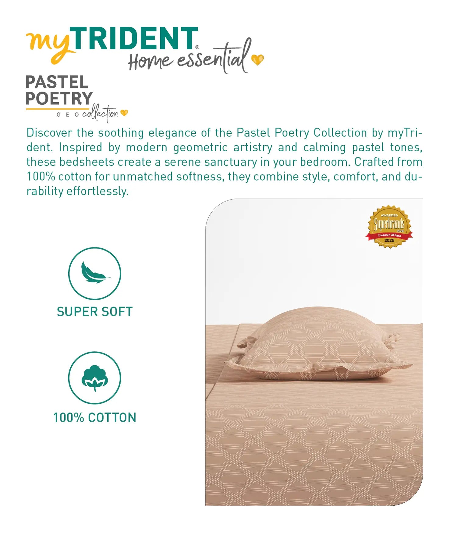 Home Essential Pastel Poetry Geo Bedsheet, Aldo Biscoff|144TC Cotton| 2 Pillow Covers