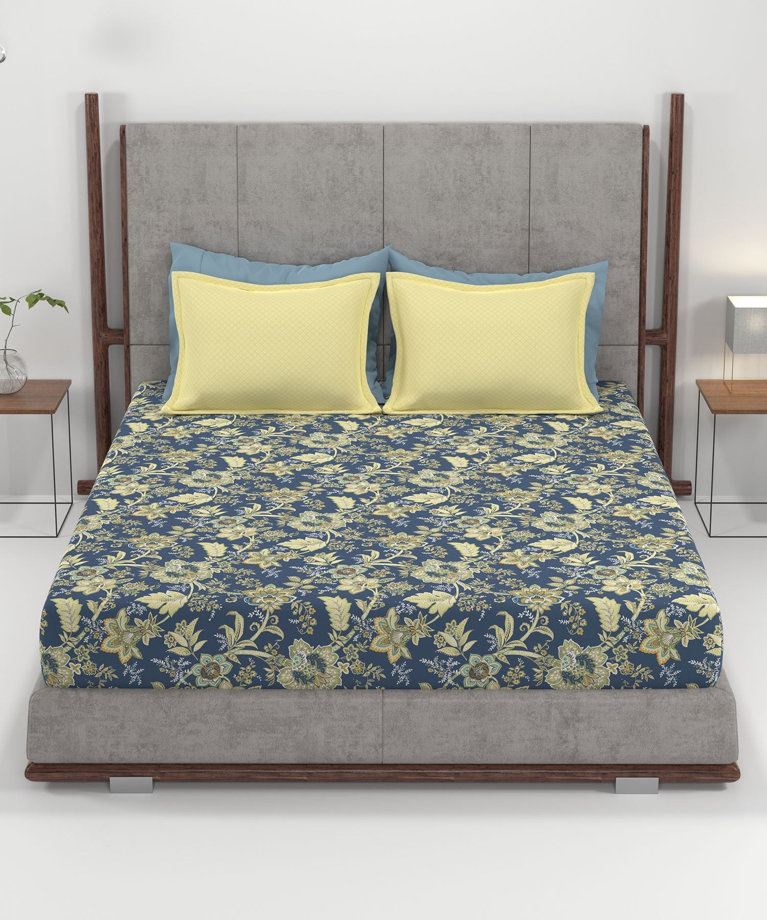 Home Essential King Printed Bedsheet, 144TC, 100% Cotton-Elaila Navy Blue