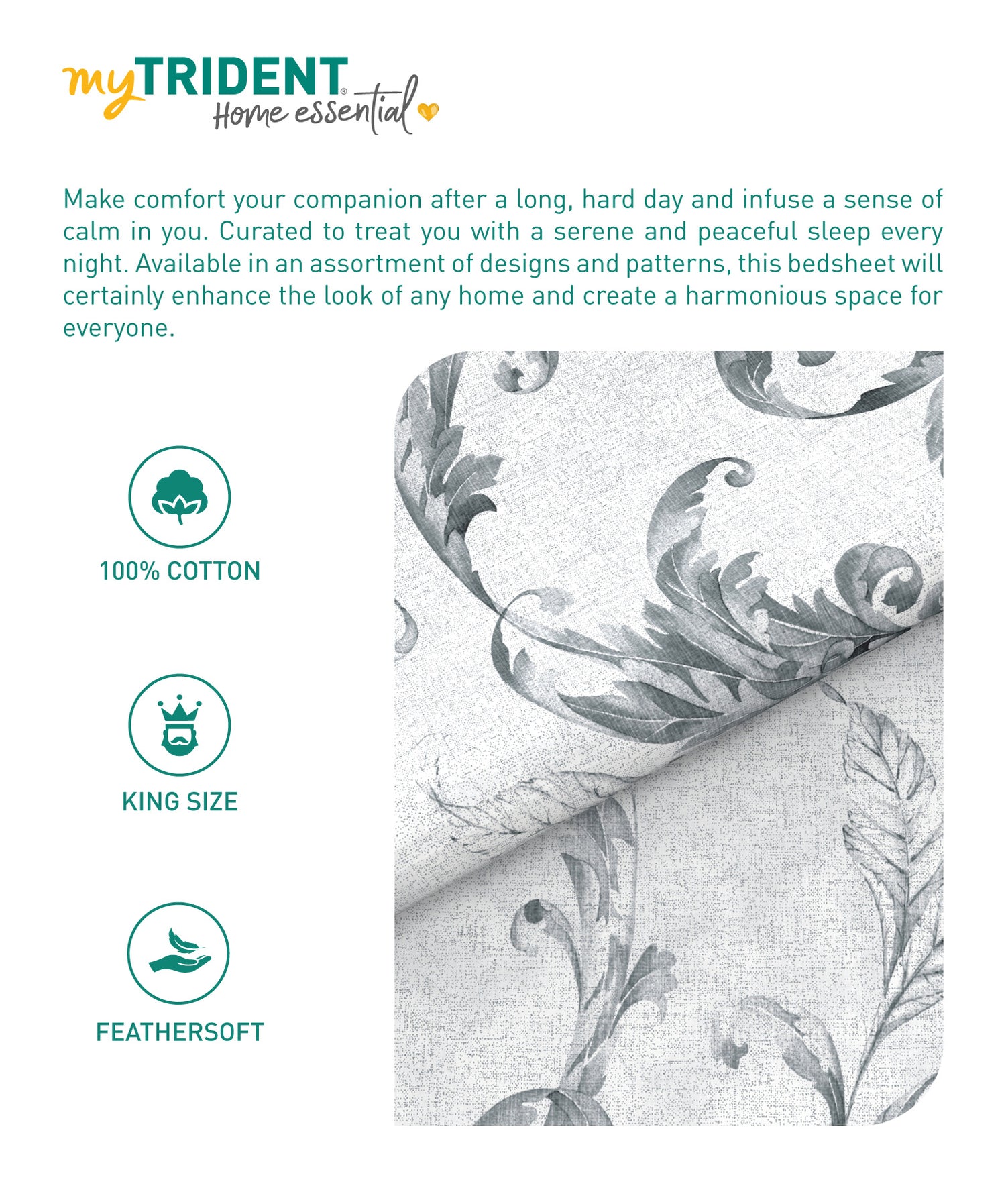 Home Essential King Printed Bedsheet, 144TC, 100% Cotton-Osiris Grey