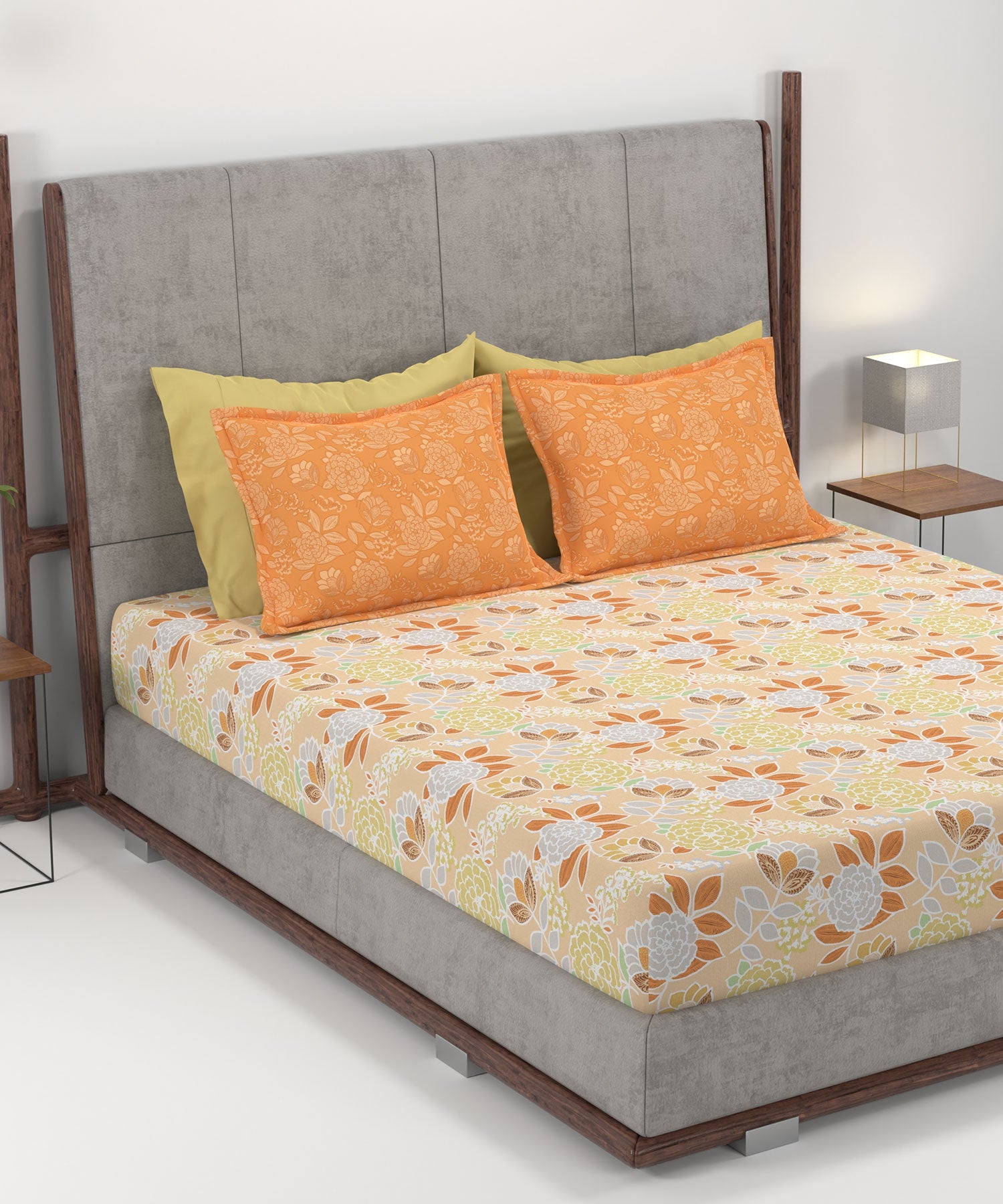 Home Essential King Printed Bedsheet, 144TC, 100% Cotton-Saher Orange