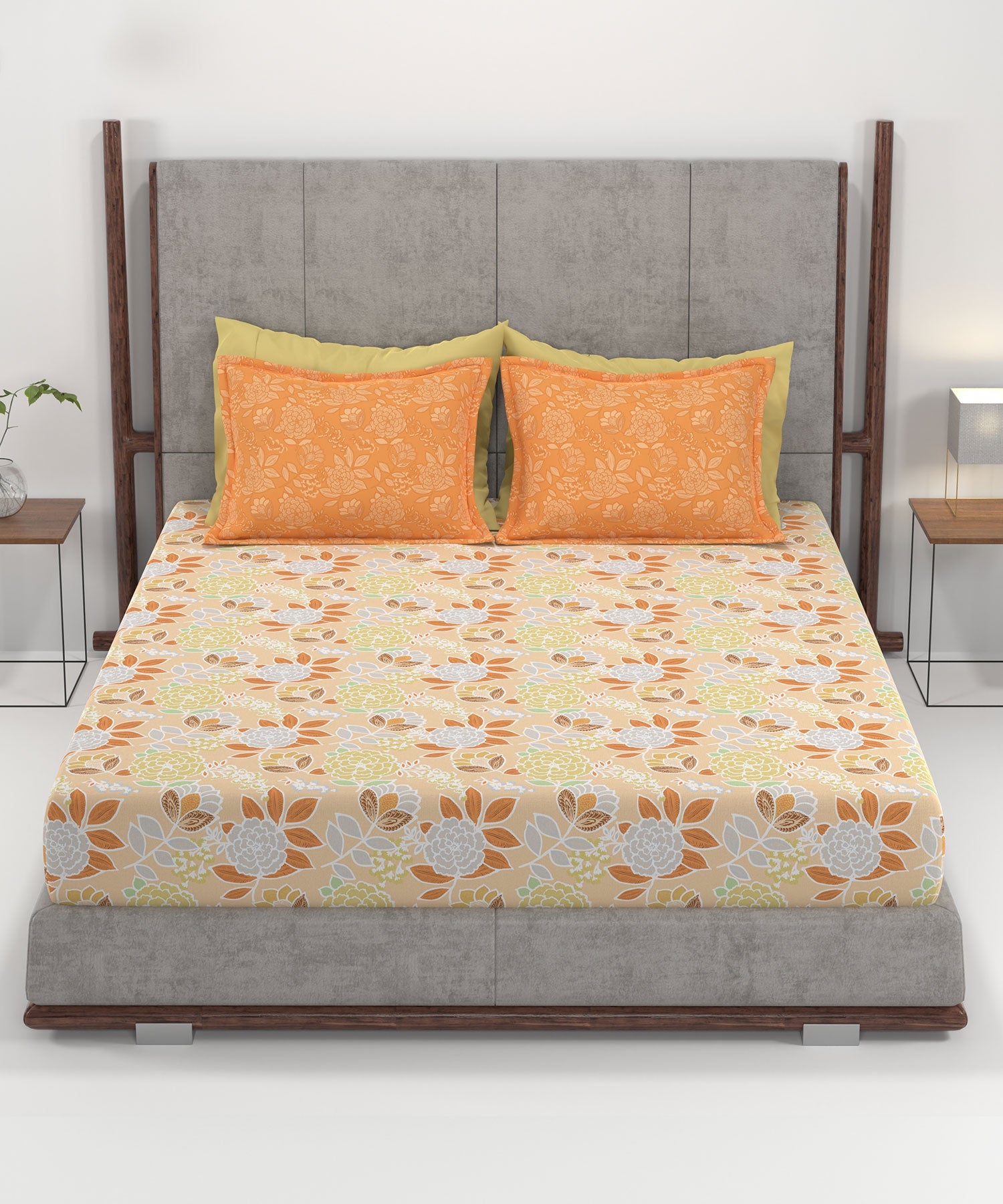 Home Essential King Printed Bedsheet, 144TC, 100% Cotton-Saher Orange
