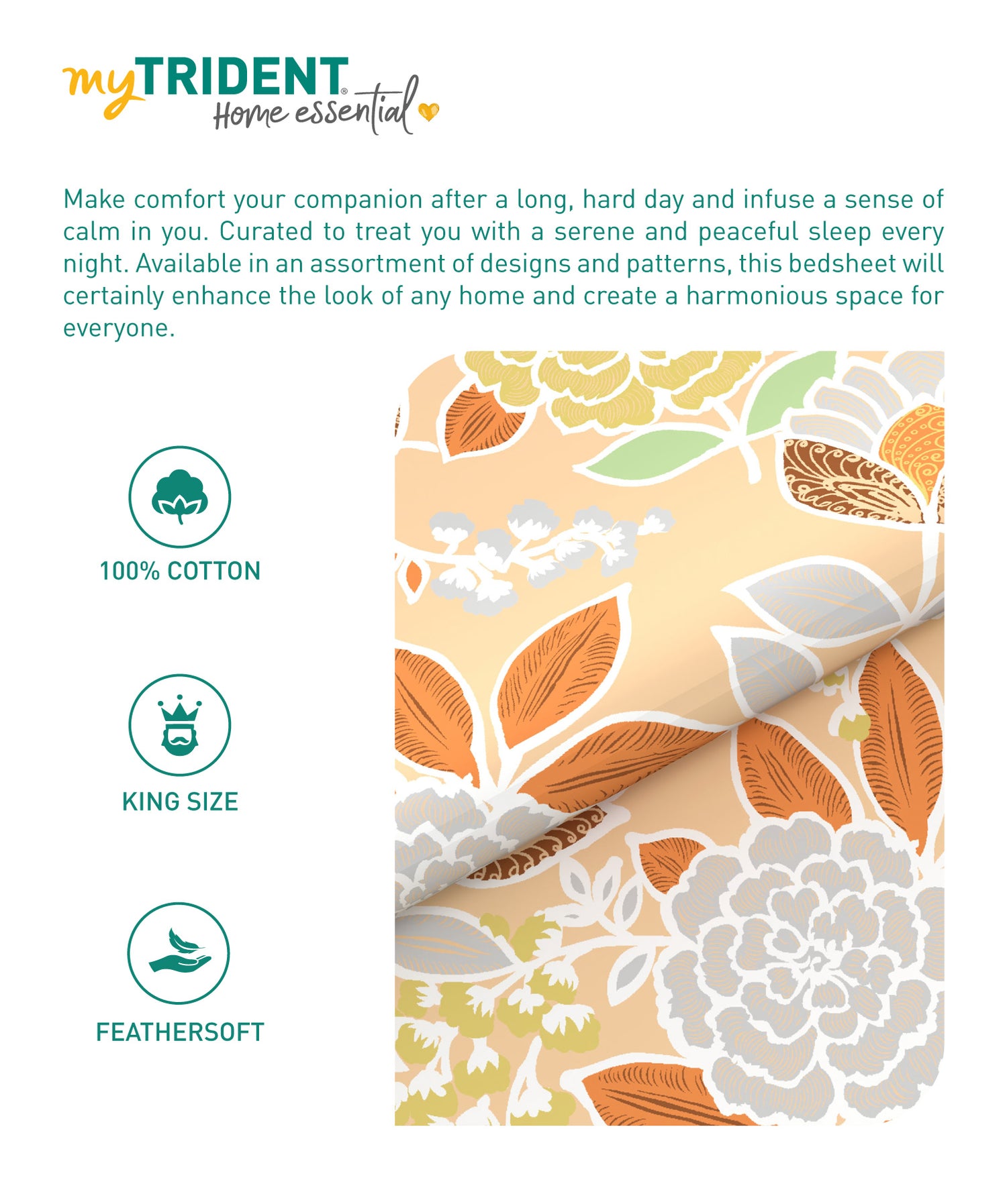 Home Essential King Printed Bedsheet, 144TC, 100% Cotton-Saher Orange