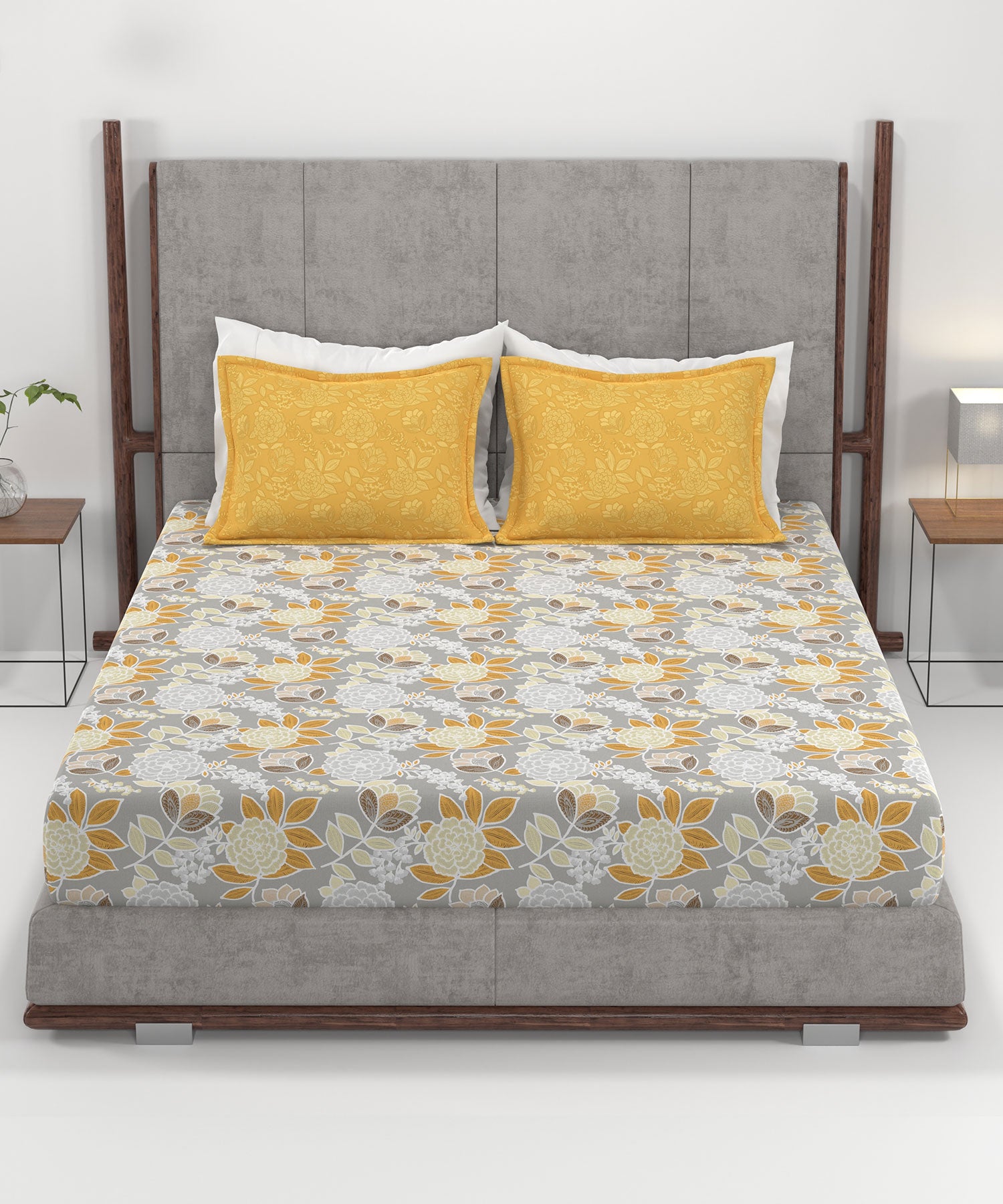 Home Essential King Printed Bedsheet, 144TC, 100% Cotton-Saher Yellow